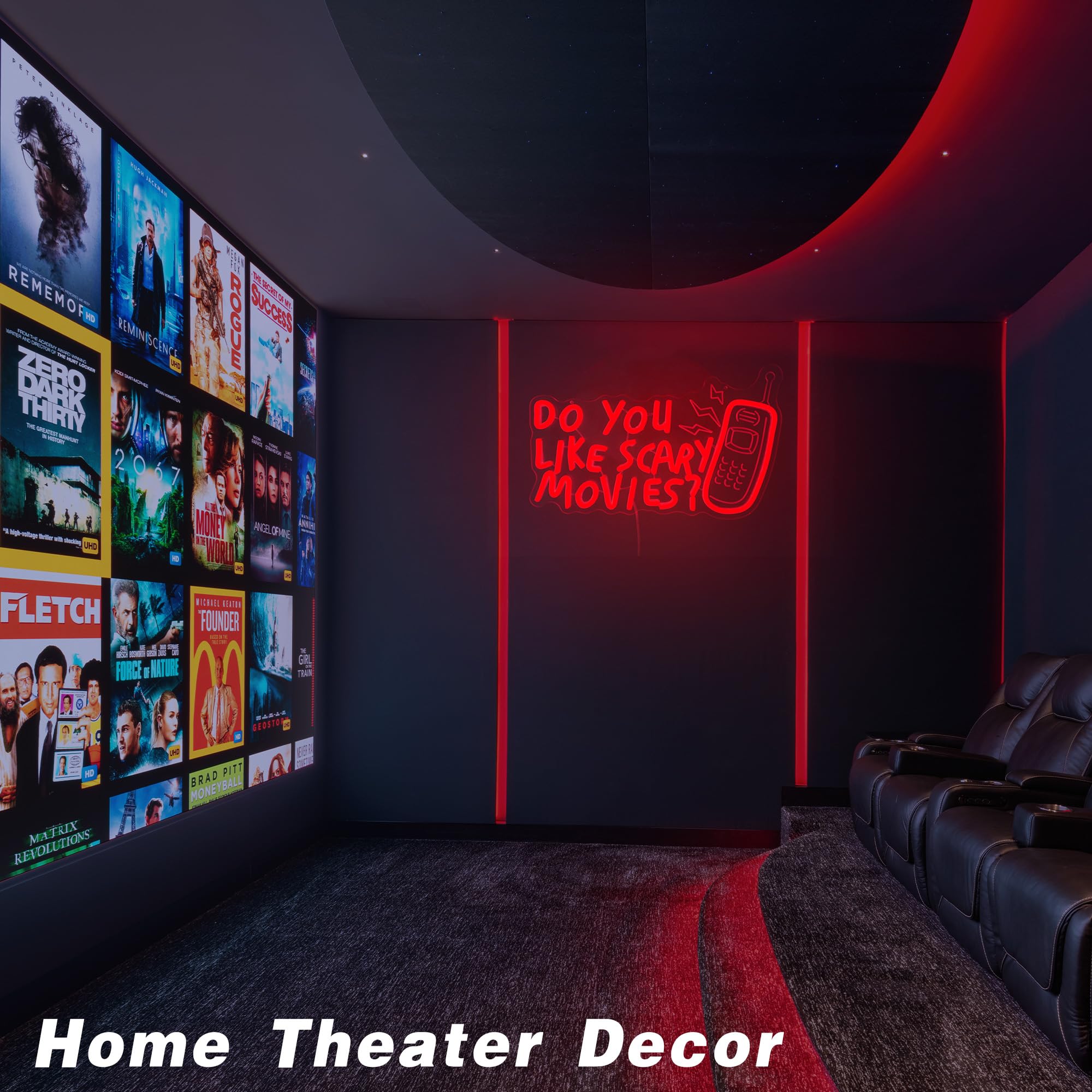 Décoration de film d'horreur néon à DEL avec inscription « Do You Like Scary Movies » à intensité variable pour salle de cinéma, Halloween, fêtes sur le thème gothique, cadeaux de décoration (38,1 x