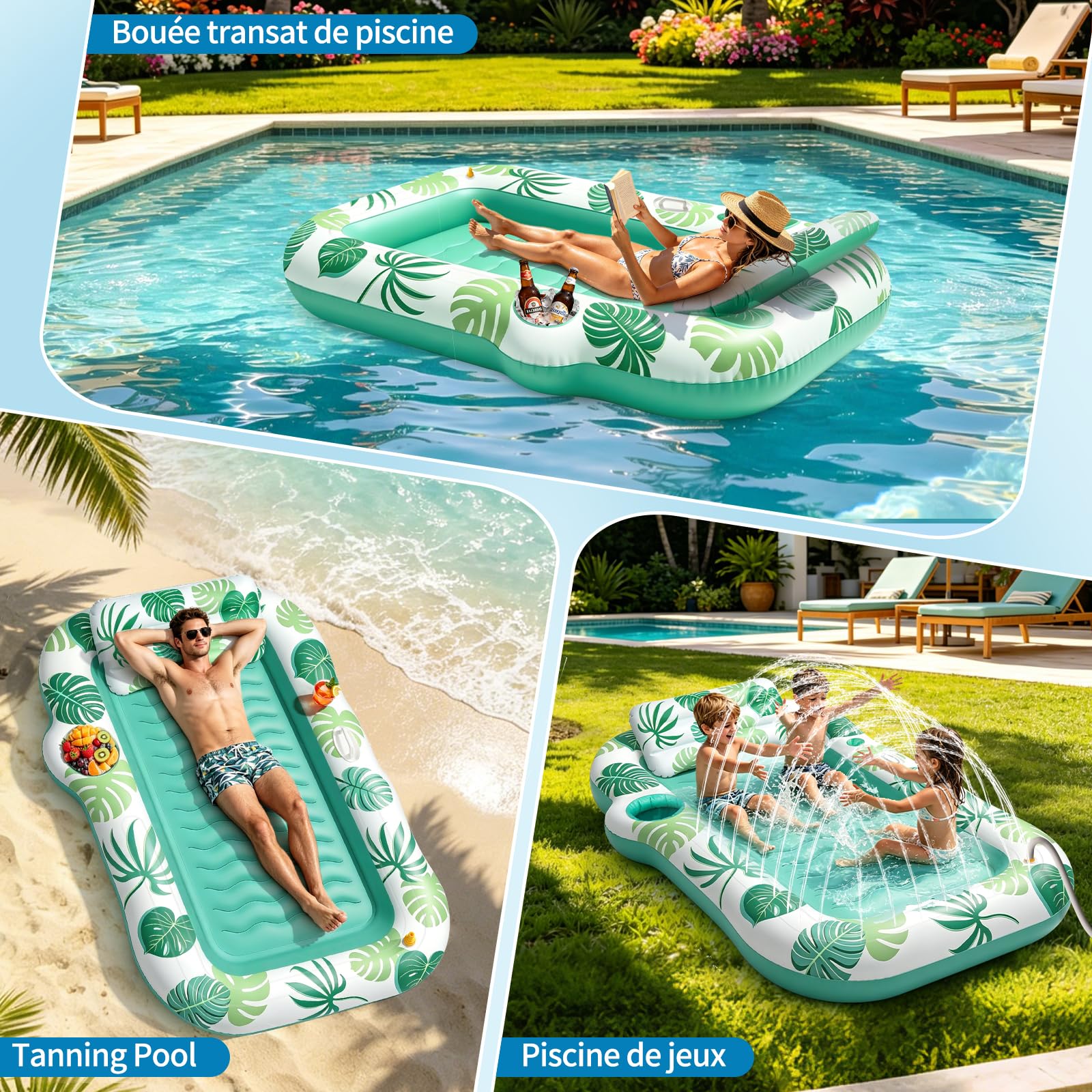 JONRRYIN Matelas Gonflable Piscine Adulte, Tanning Pool avec Fonction Brumisation & Porte-Gobelet, 215×150 cm Fauteuil Flottant, Hamac Gonflable pour Piscine et Plage