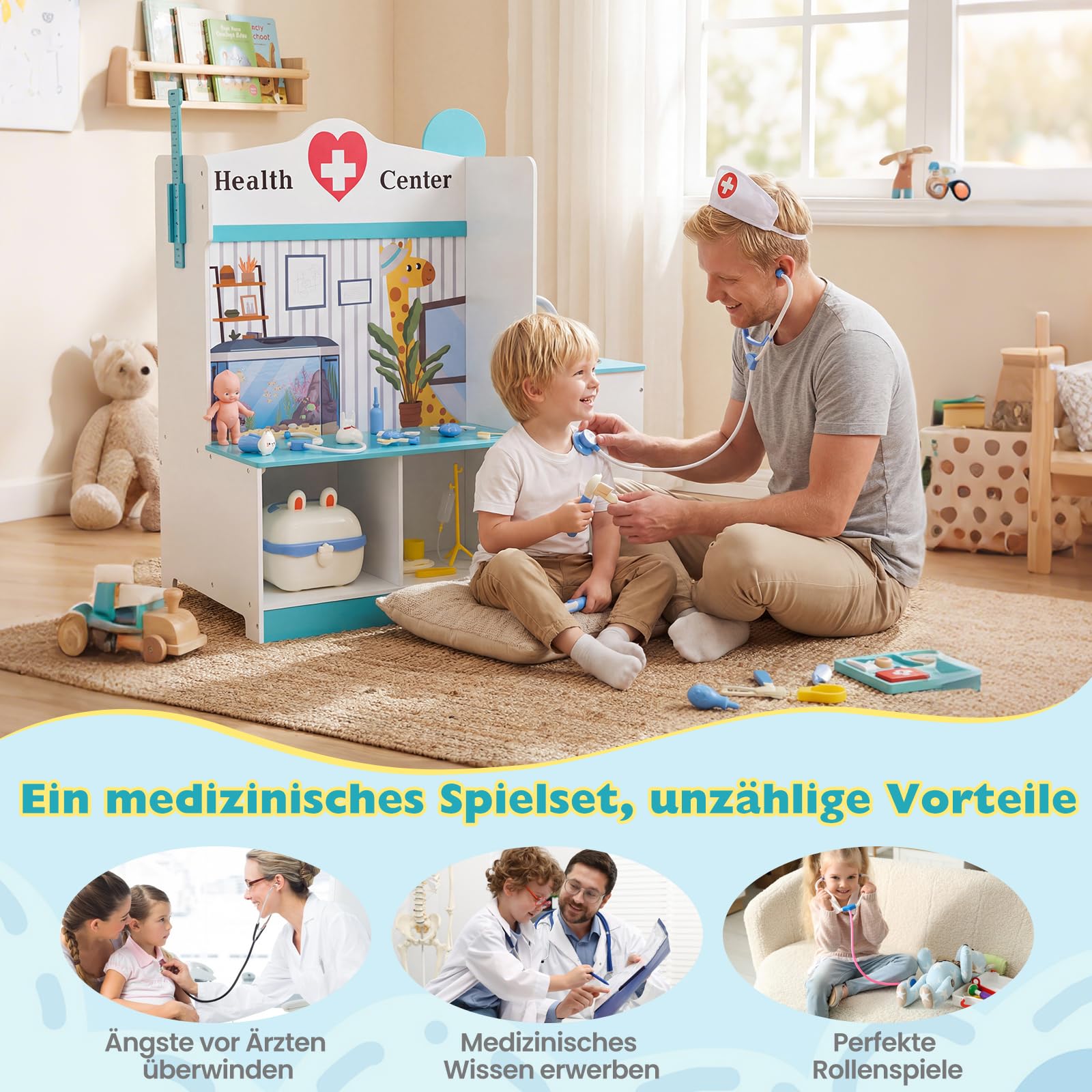COSTWAY Arzt Kinder Spielset, Doktor Rollenspiel mit Untersuchungsraum & Arztkoffer inkl. 27 TLG. Zubehör, Arzt Set mit Wasserhahn, Waschbecken & EKG-Monitor, Holz Arztpraxis für Kinder ab 3 Jahren
