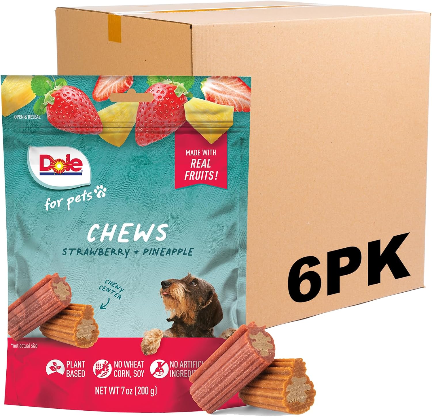 Dole for Pets Dog Chews, Assorted Strawberry + Pineapple Fruit-Flavored Treats, Real Fruit Flavor, No Artificial Colors Flavors or Preservatives, No Wheat Corn Soy, 7.05 Oz Bag - 6 Pack