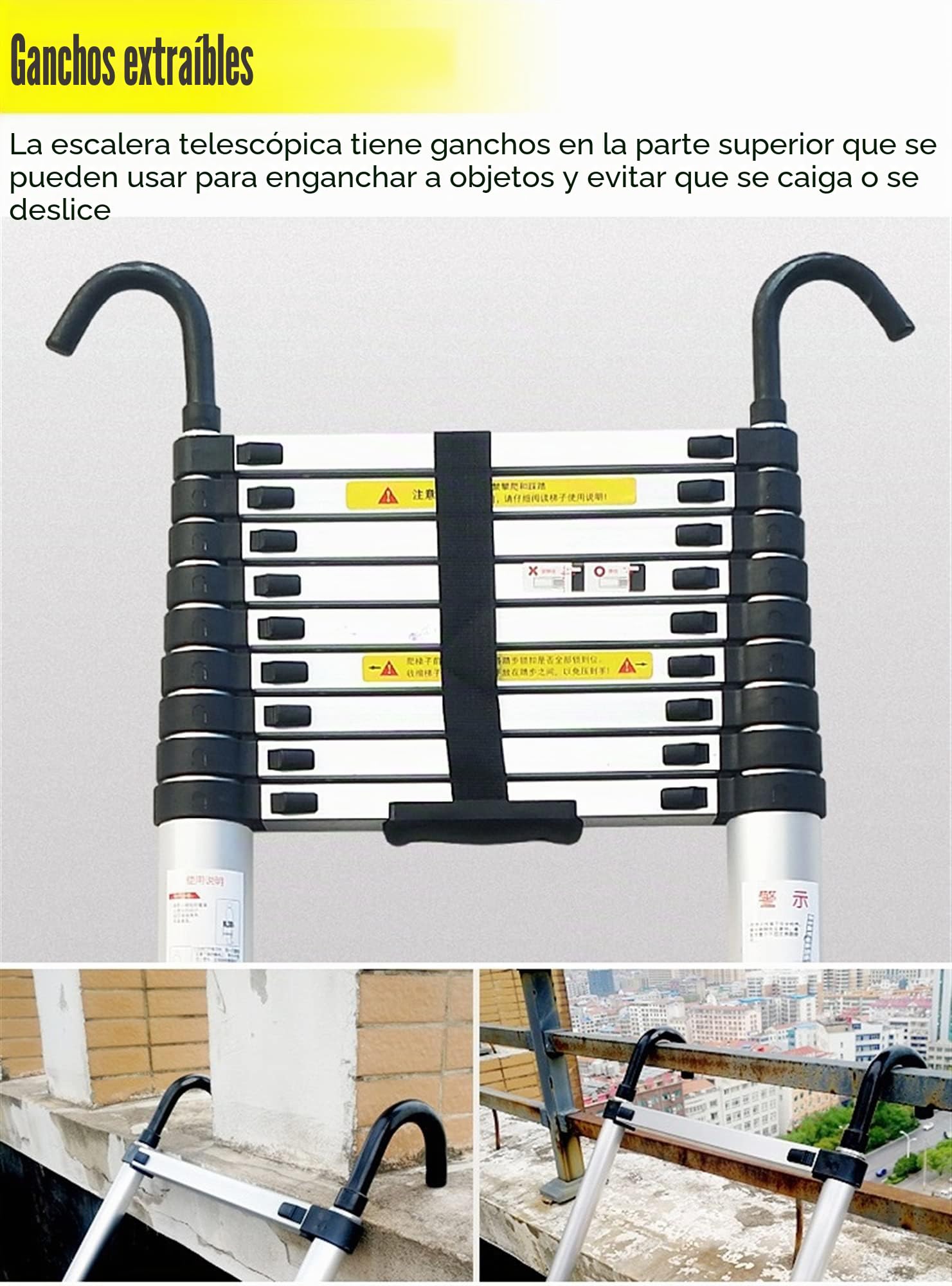 Escalera telescópica telescópica 8m/ 7m/ 6.2m/ 5m/ 4m/ 3.8m/ 2.6m, Escaleras de extensión de Aluminio con Gancho para Negocios de techado, Uso doméstico, Trabajo al Aire Libre de R