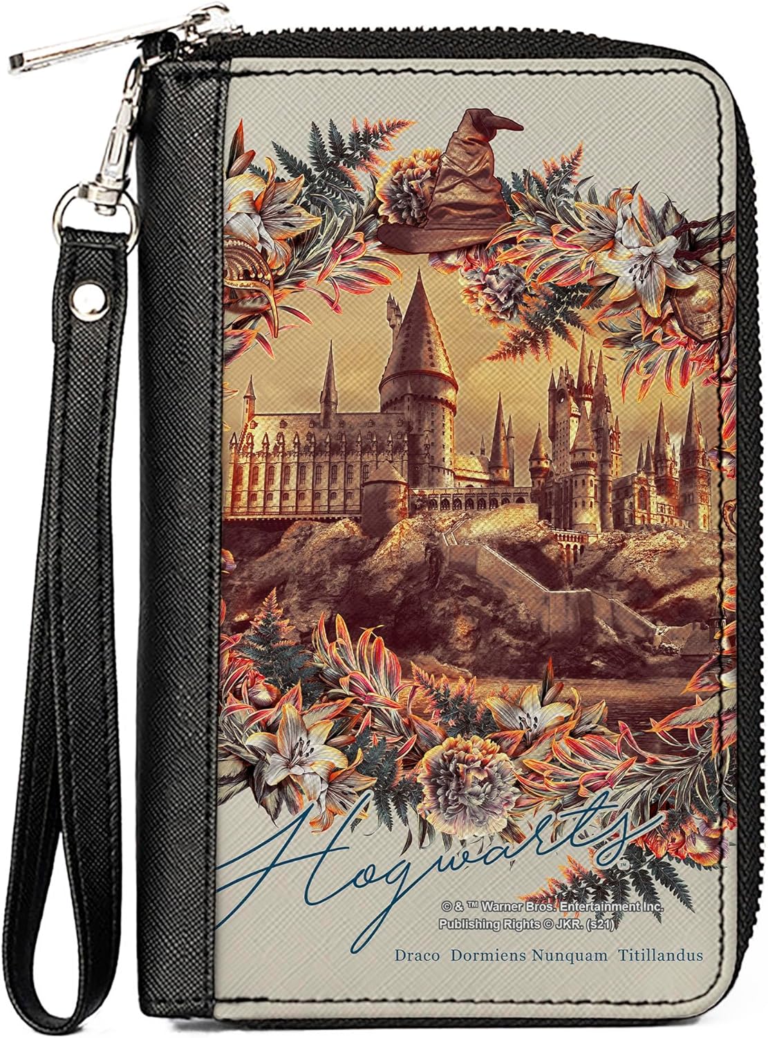 Womens PU Zip Around Wallet Rectangle Harry Potter Hogwarts Castle Floral Collage Gray