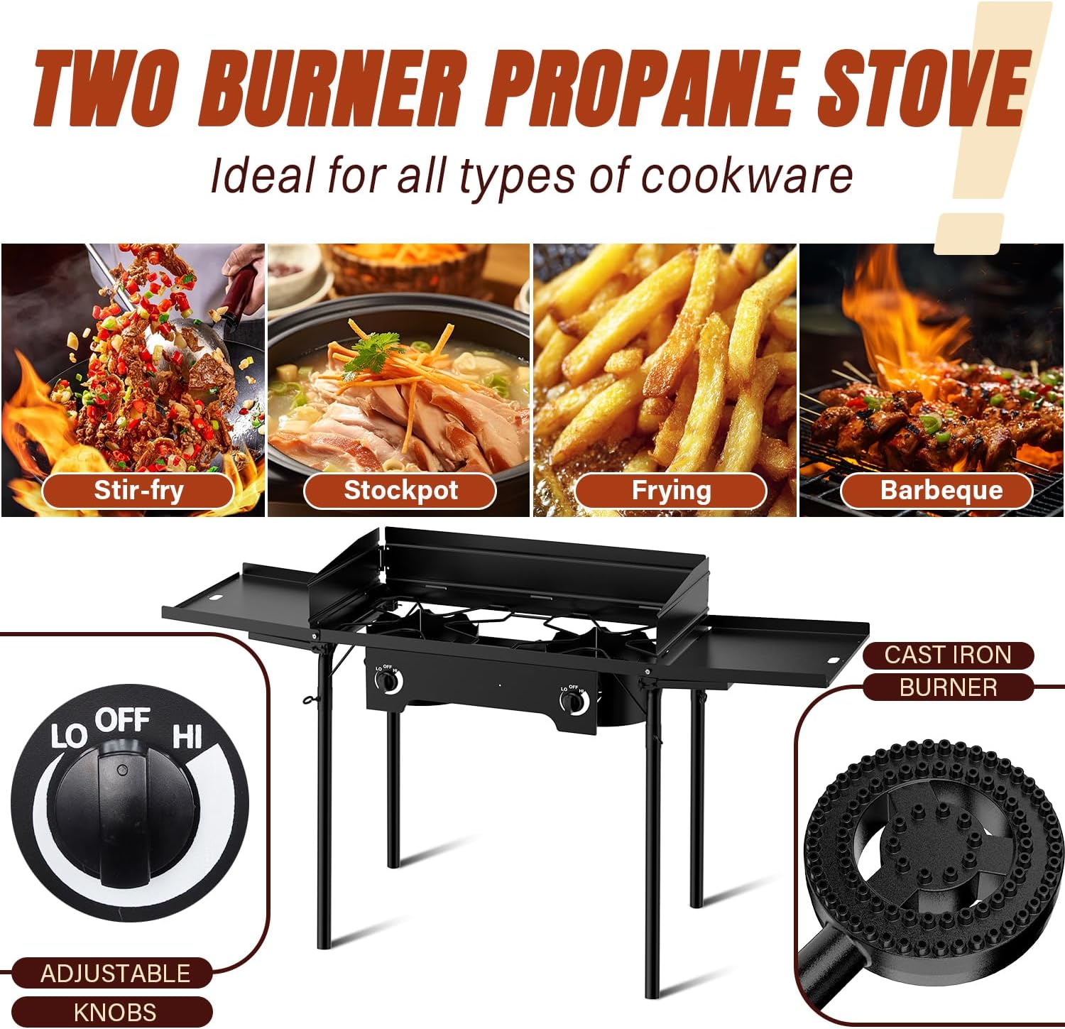2 Burner Outdoor Camping Stove with Windscreen & Side Table, Cover, 20PSIG Regulator,150,000 BTU Propane Gas Stove for Camping Home Backyard Outdoor Cooking Brewing Canning