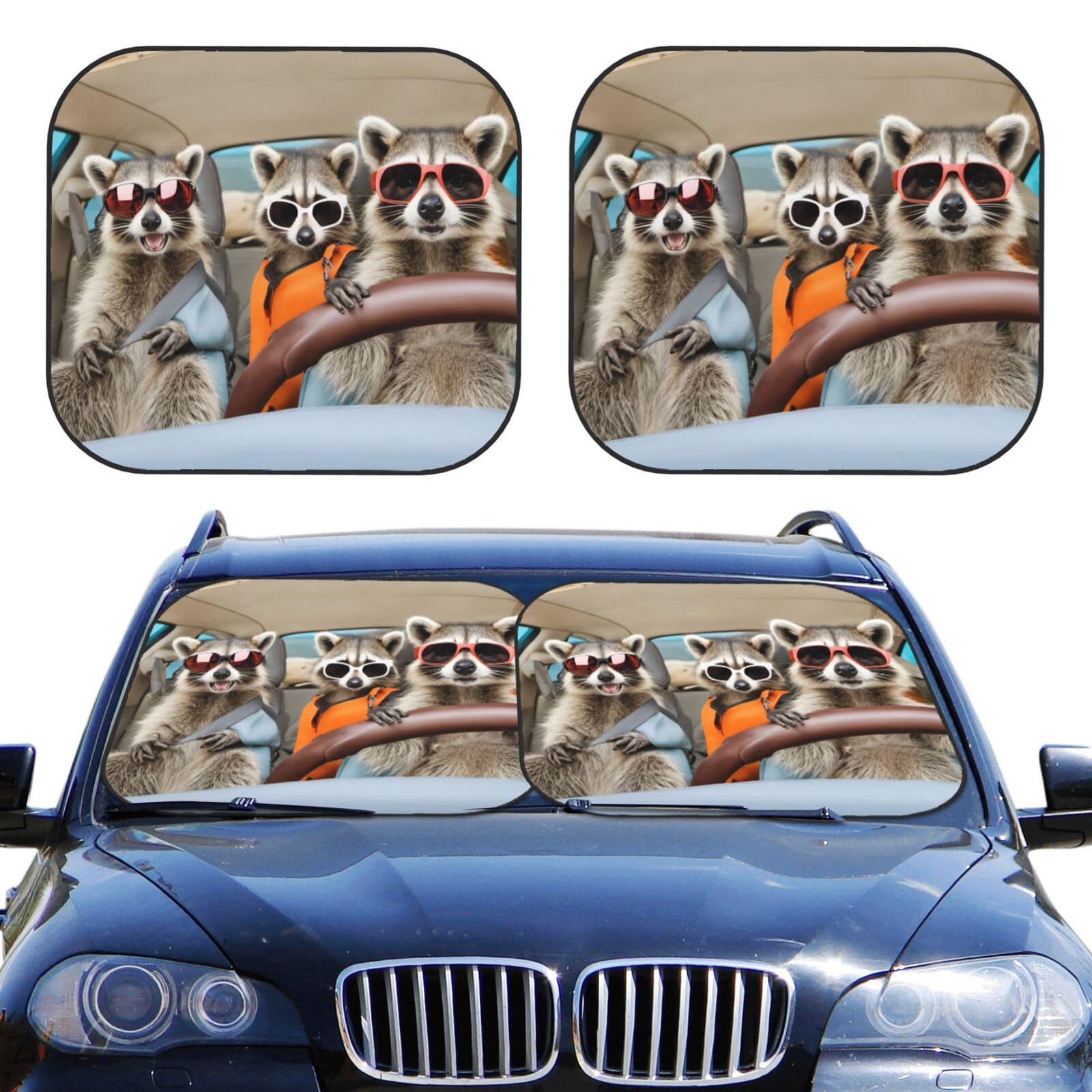 KiuLoam 2 Piece Car Windshield Sun Shade, Hippie Raccoon Driving Sunshades Sun Visor Protector Blocks UV Rays Foldable Keep Your Vehicle Cool for Most