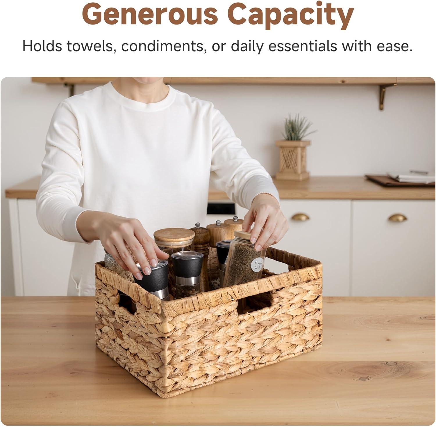 StorageWorks Large Rectangular Wicker Basket, Water Hyacinth Storage Basket with Built-in Handles, 1 Pack - Image 3