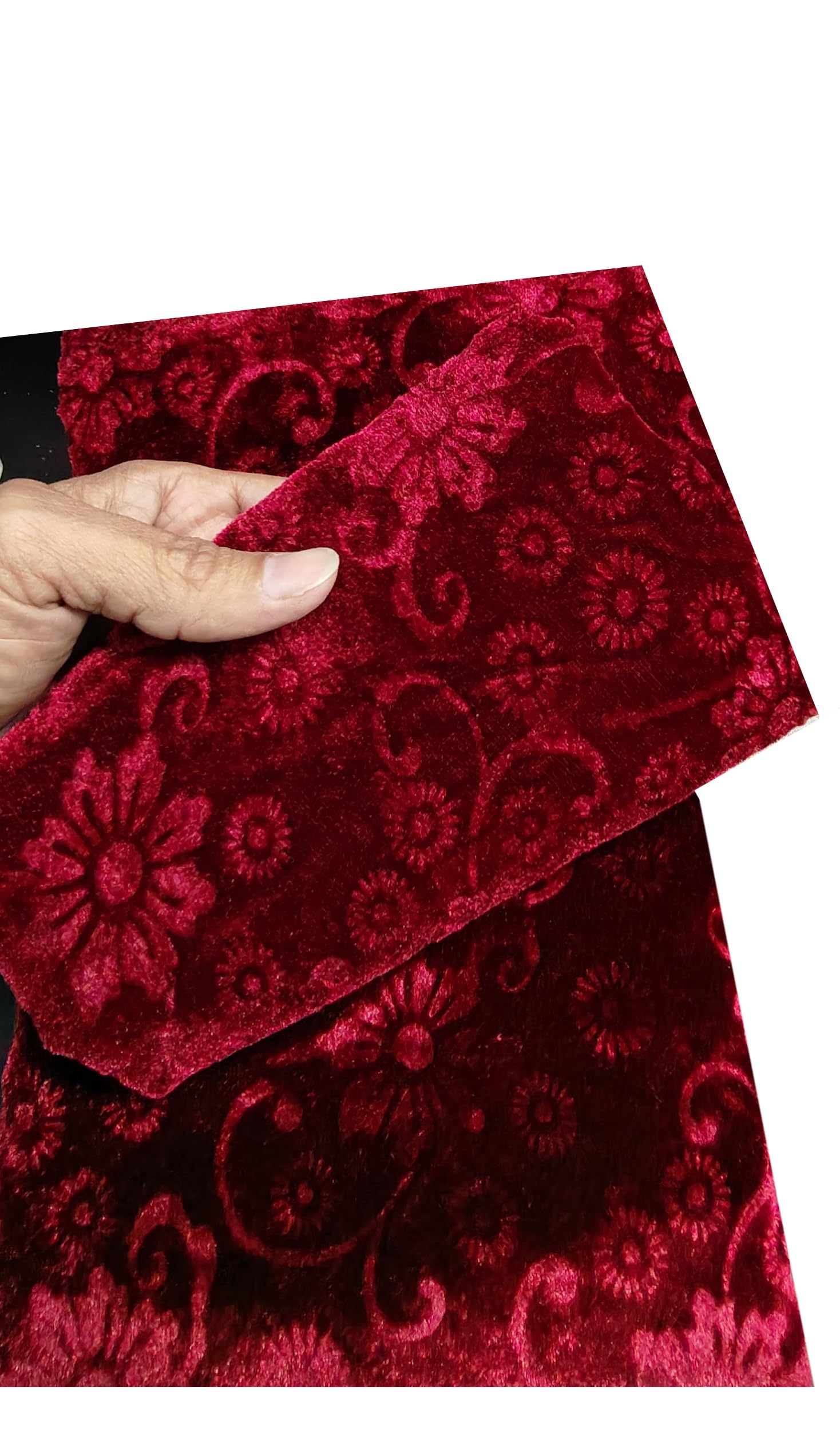 Women Blouse Piece Unstitched Velvet Fabric Material, Red Green Maroon Color Floral Pattern, 1 Meter Length, 44 Inches Width, for Party Hall, Gift Packing, Home Decoration (Maroon)-image-9
