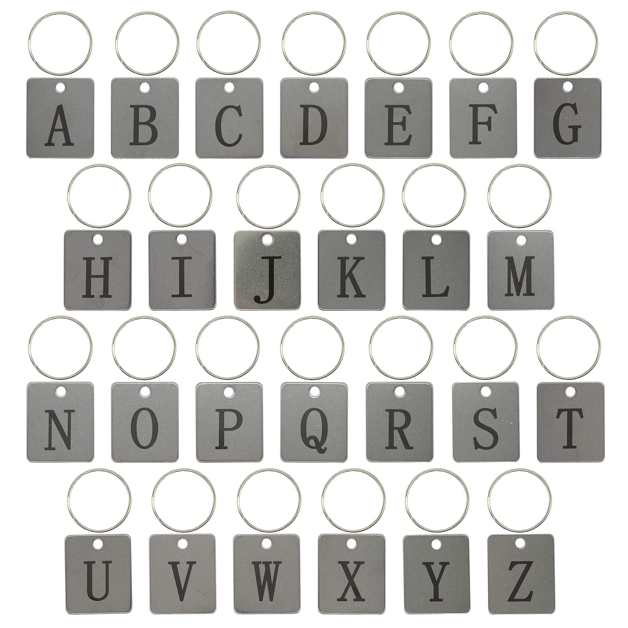 26 English Letter A-Z Rectangle Stainless Steel Key Tags ID Tags with Key Rings