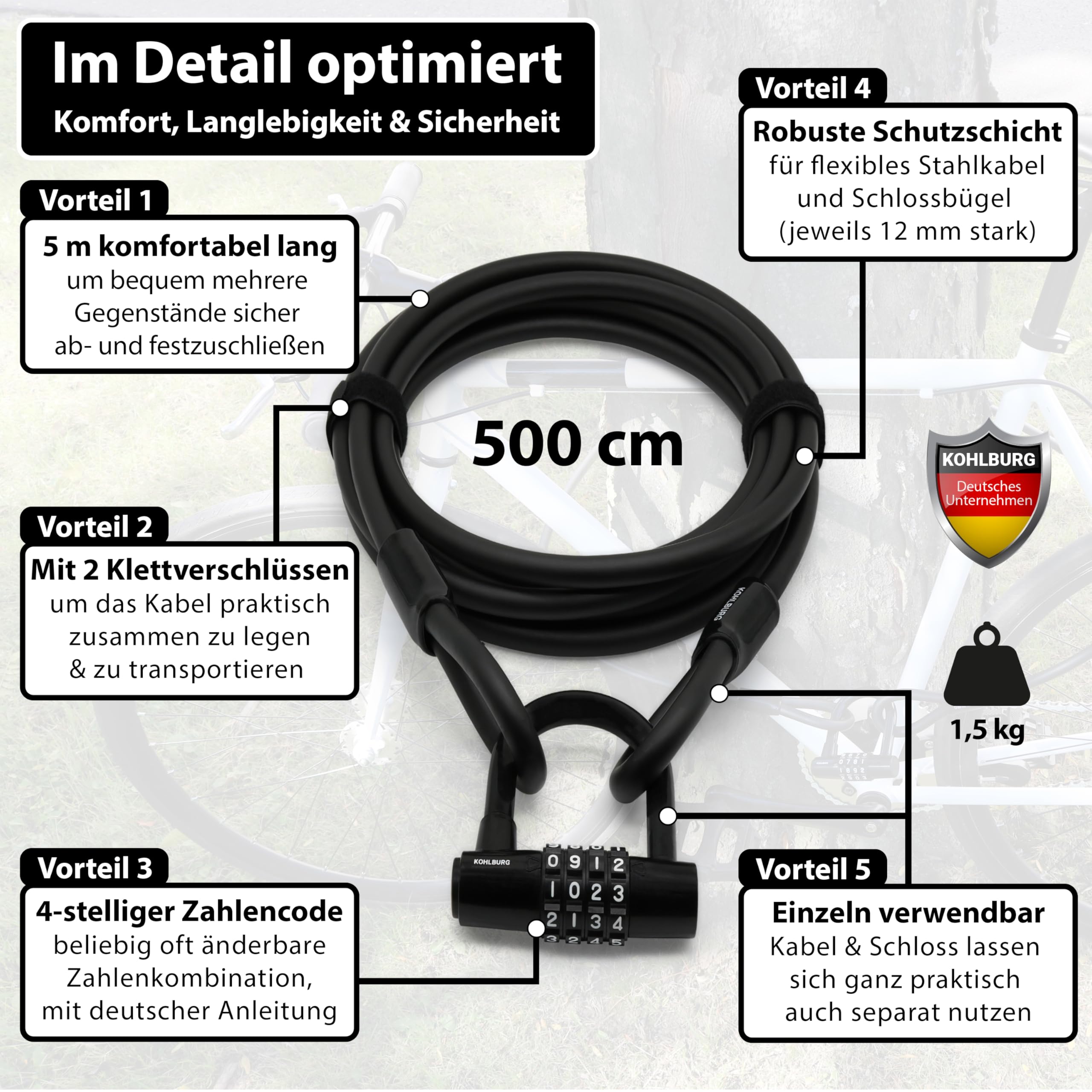 KOHLBURG Kabelschloss 5 Meter lang mit Zahlenkombination - 500cm Zahlenschloss - Stahlseil Schloss 5 m ummantelt - Stahlkabel 500 cm mit Zahlencode für Fahrrad Gartenmöbel & Fahrradschloss