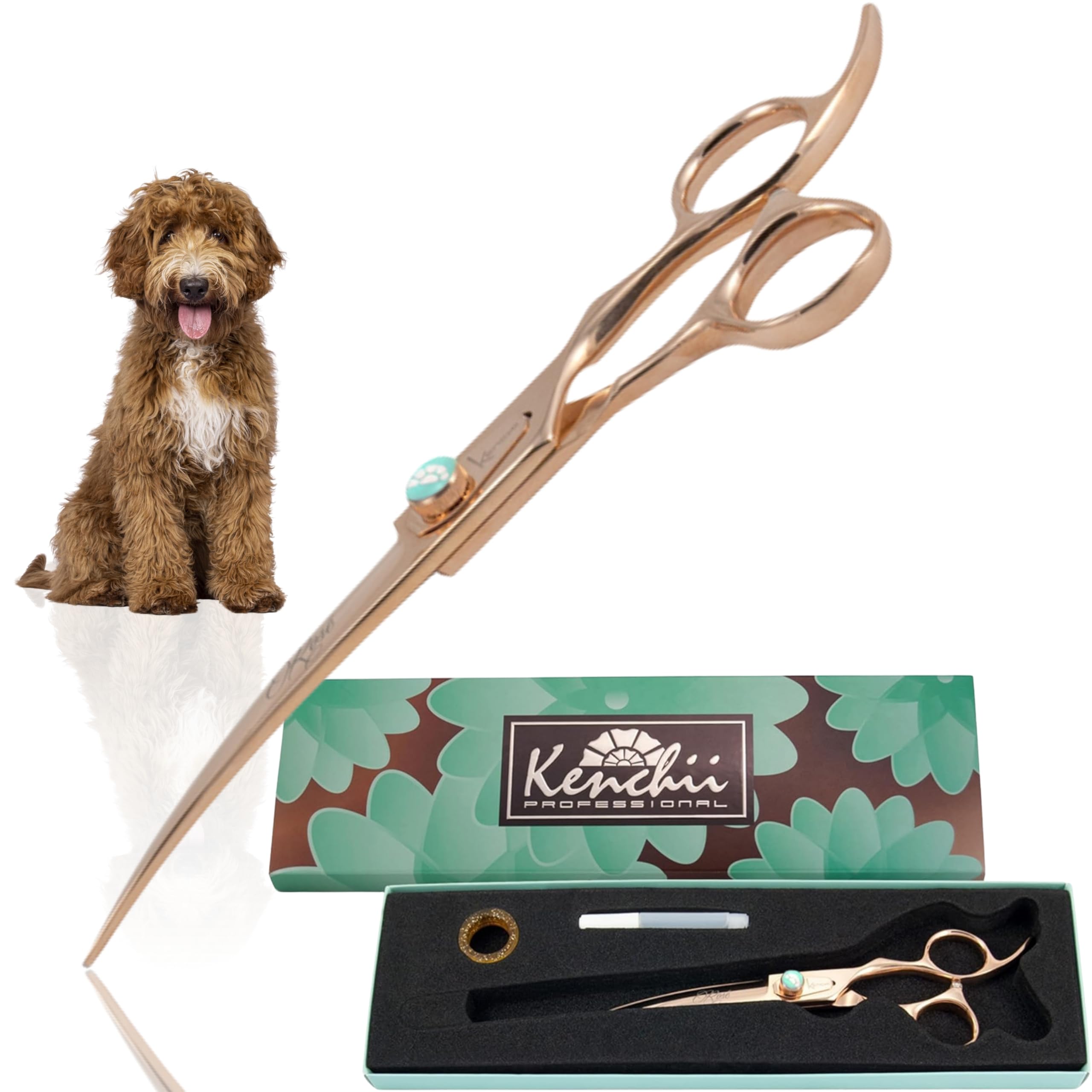 Kenchii Dog Grooming Scissors | 7 Inch Shears | Curved Scissors for Dog Grooming | Rose Collection Dog Shears | Pet Grooming Accessories | Pet Hair Trimming Scissor