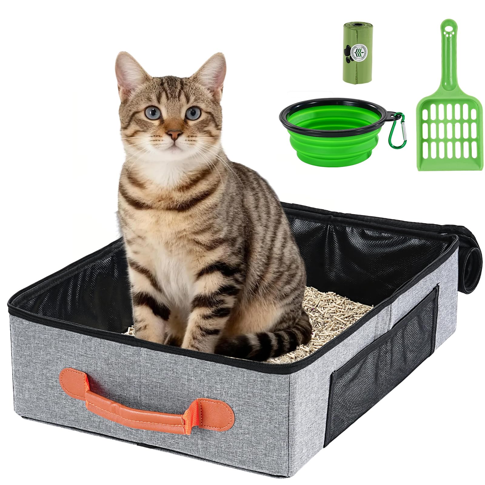 Uross Portable Travel Litter Box for Cats Kitten, Foldable and Lightweight Design, Waterproof with Zipped Lid, Leak-Proof Cat Litter Box, Suitale for Hotels and Cars - 46x 26x 13CM