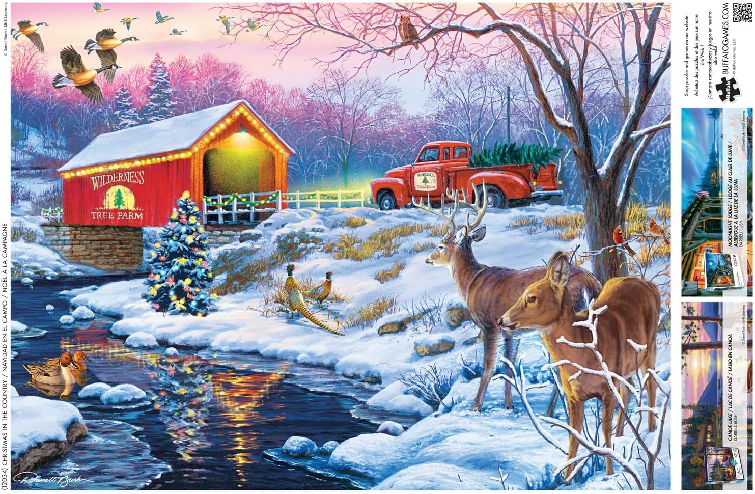 Buffalo - 1000 Piece Darrell Bush Christmas in the Country Jigsaw Puzzle - Winter, Holiday Scene with Deer and Christmas Tree - Challenging Puzzles for Adults and Families
