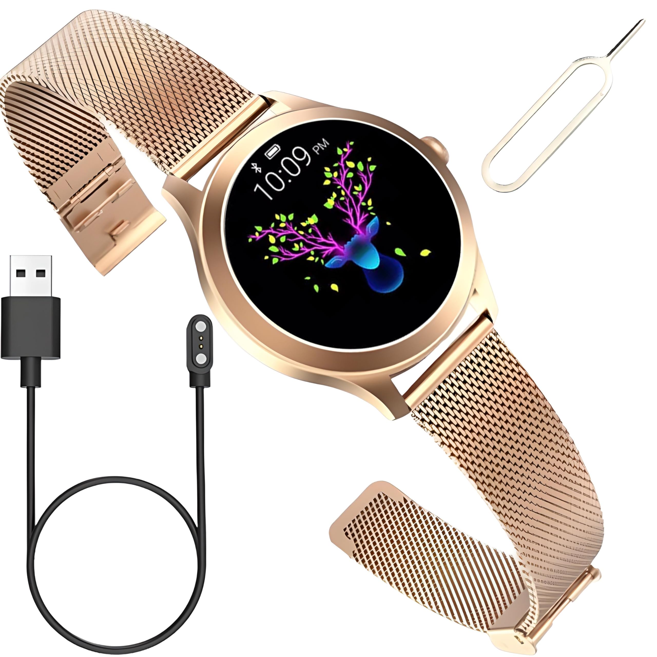 Retoo Montre connectée homme/femme - Téléphone - 1,04" - Touches complètes - Sports - GPS - Fréquence cardiaque - Sport - Chronomètre - Doré