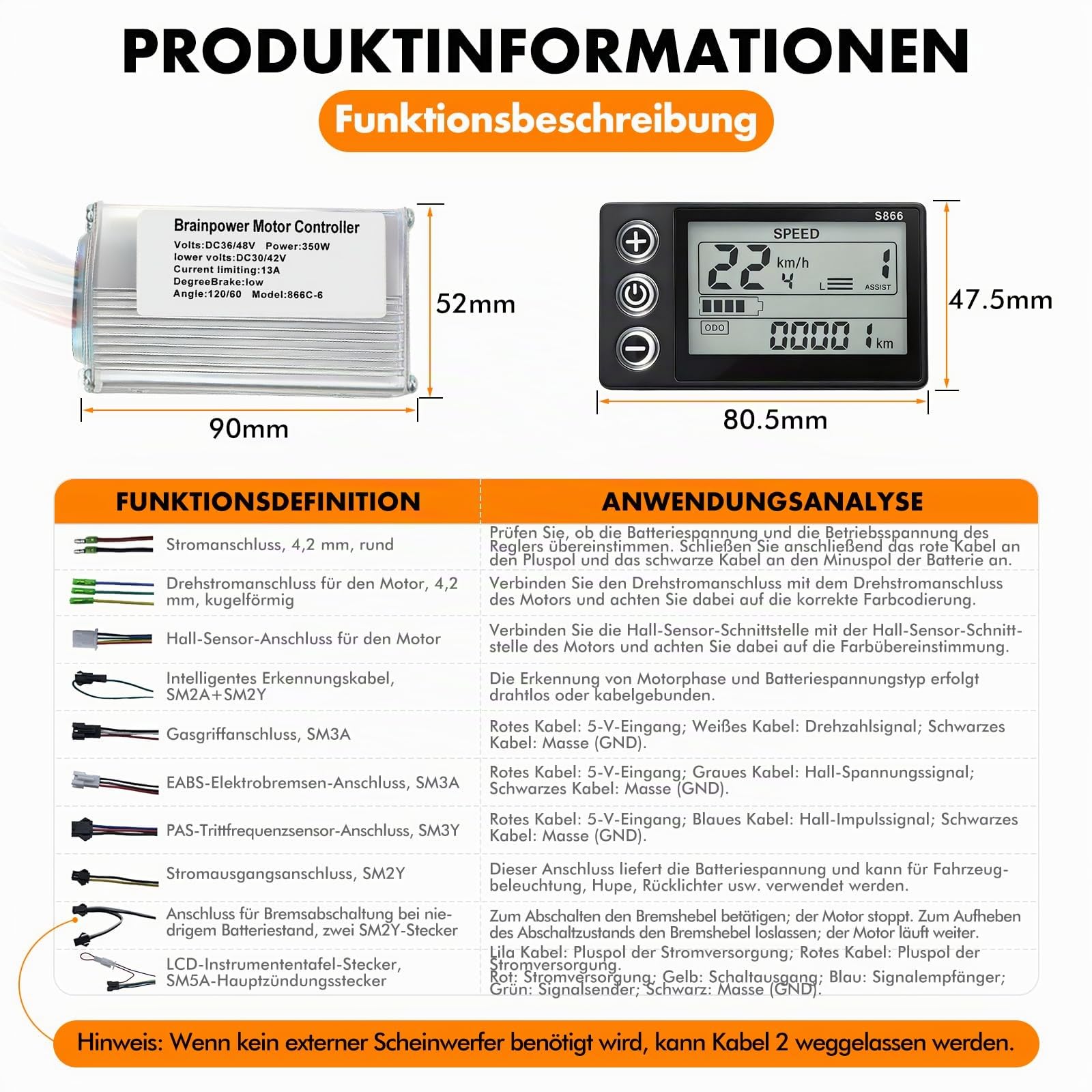 E-Bike Brushless Motor Controller Kit, 36V 48V 350W Bürstenloser Motor Controller mit wasserdichte S866 LCD Display, für Elektrofahrrad Elektroroller