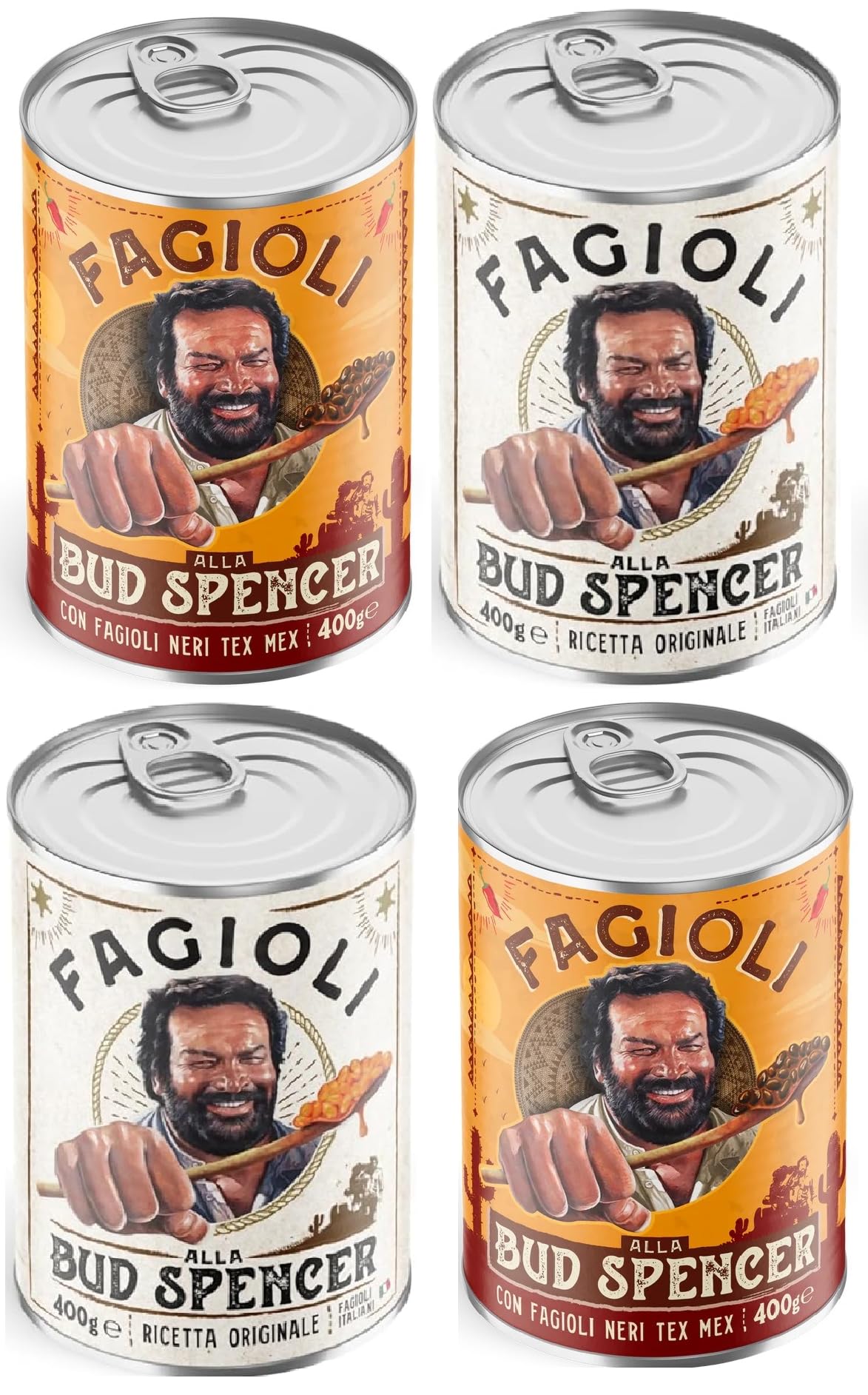 Selezione Fagioli BUD SPENCER 2 Confezioni Fagioli Neri Tex-Mex 2 Confezioni Fagioli Pinto Ricetta Originale confezioni da 400gr con esclusivo adesivo Zeus Party