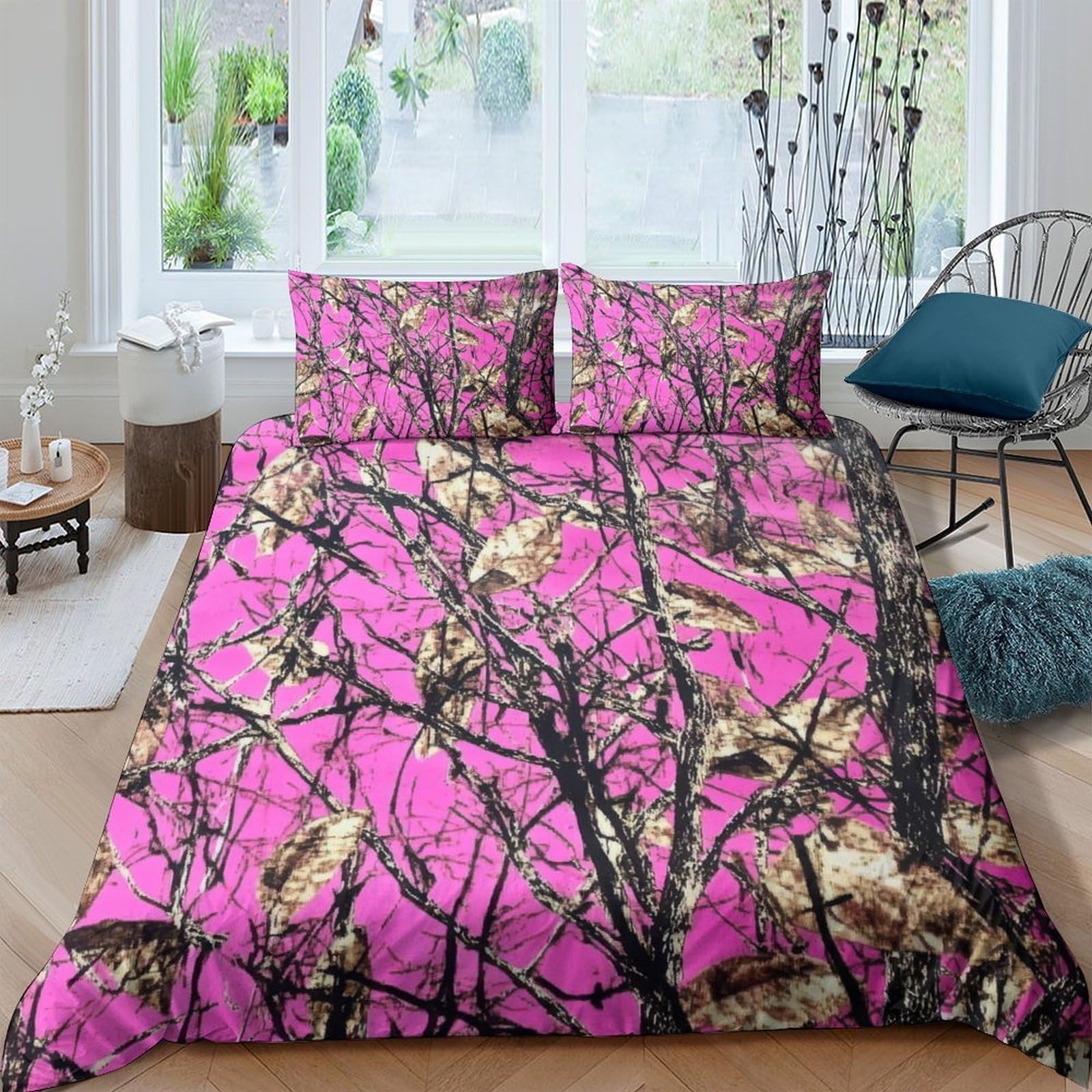 GPLZQXKJNH 3D Printed Pink Camouflage Forest Duvet Cover Microfiber Soft Breathable Branch Bedding Set with 2 Pillowcases for Bedroom Decor Single（135x200cm）