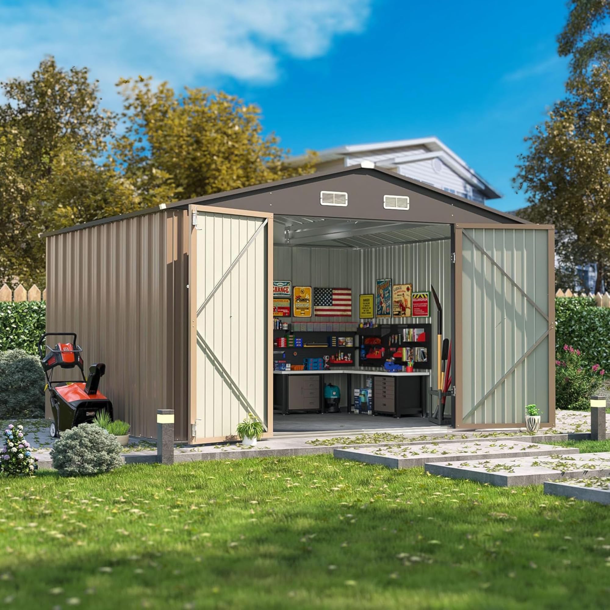Patiowell 10x8 FT Outdoor Storage Shed, Metal Sheds, Brown