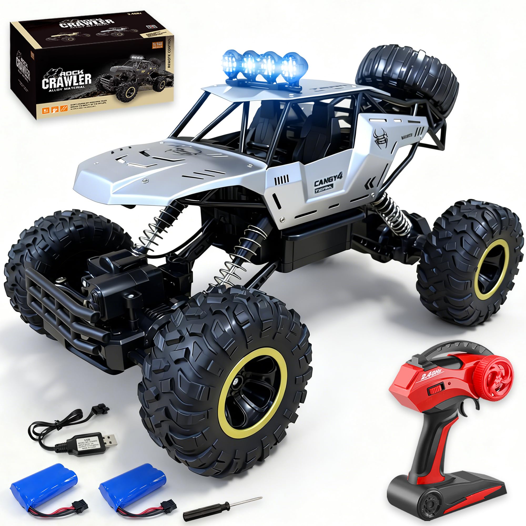 Jiakora Duży zdalnie sterowany samochód 1:12, 2,4 GHz RC dla dzieci, zdalnie sterowany Monster Truck, Alloy 4WD Buggy ze światłem LED, 2 baterie, samochód RC, zabawka na prezent dla chłopców od 3 lat