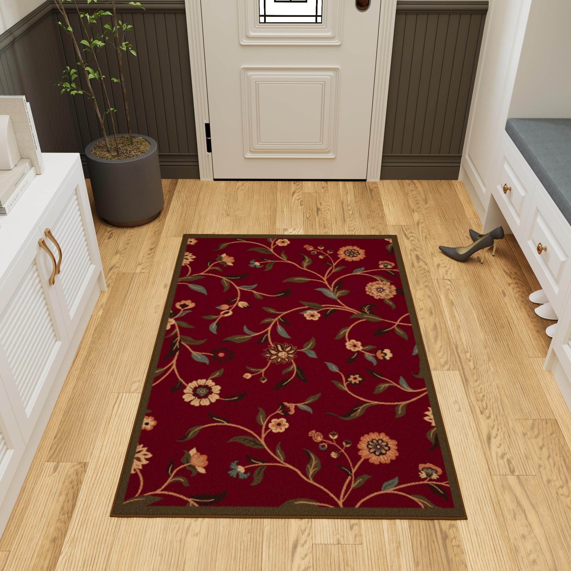 Ottomanson Area Rug, 3'3" X 5'0", Red Floral
