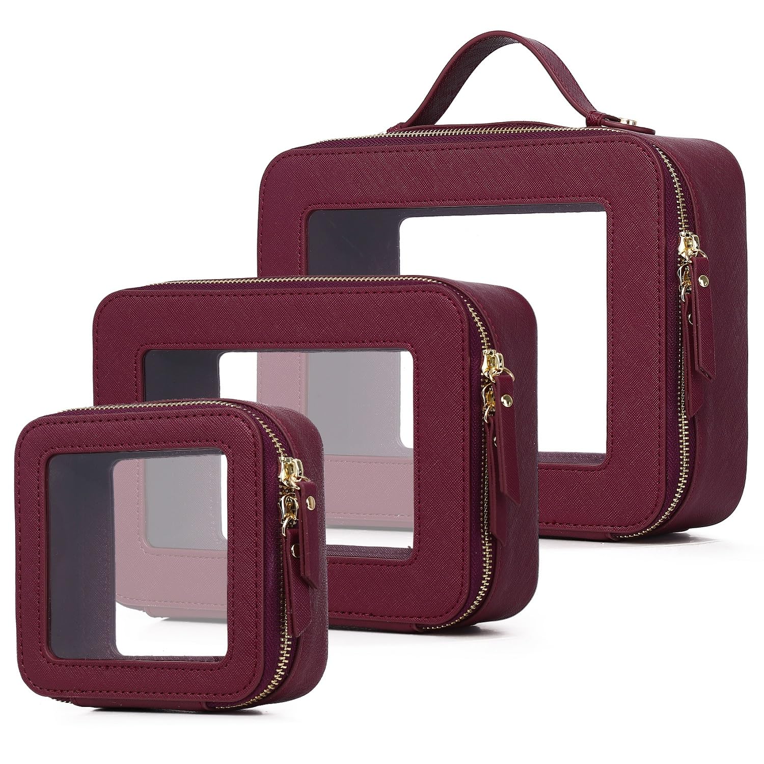 Pinkmik Make-up-Pinseltasche, schmal, transparent, Reise-Kosmetiktasche und Kulturbeutel mit Reißverschluss, klein, Make-up-Tasche, Geldbörsen-Organizer für Damen, X/Burgunderrot, L+M+MINI,