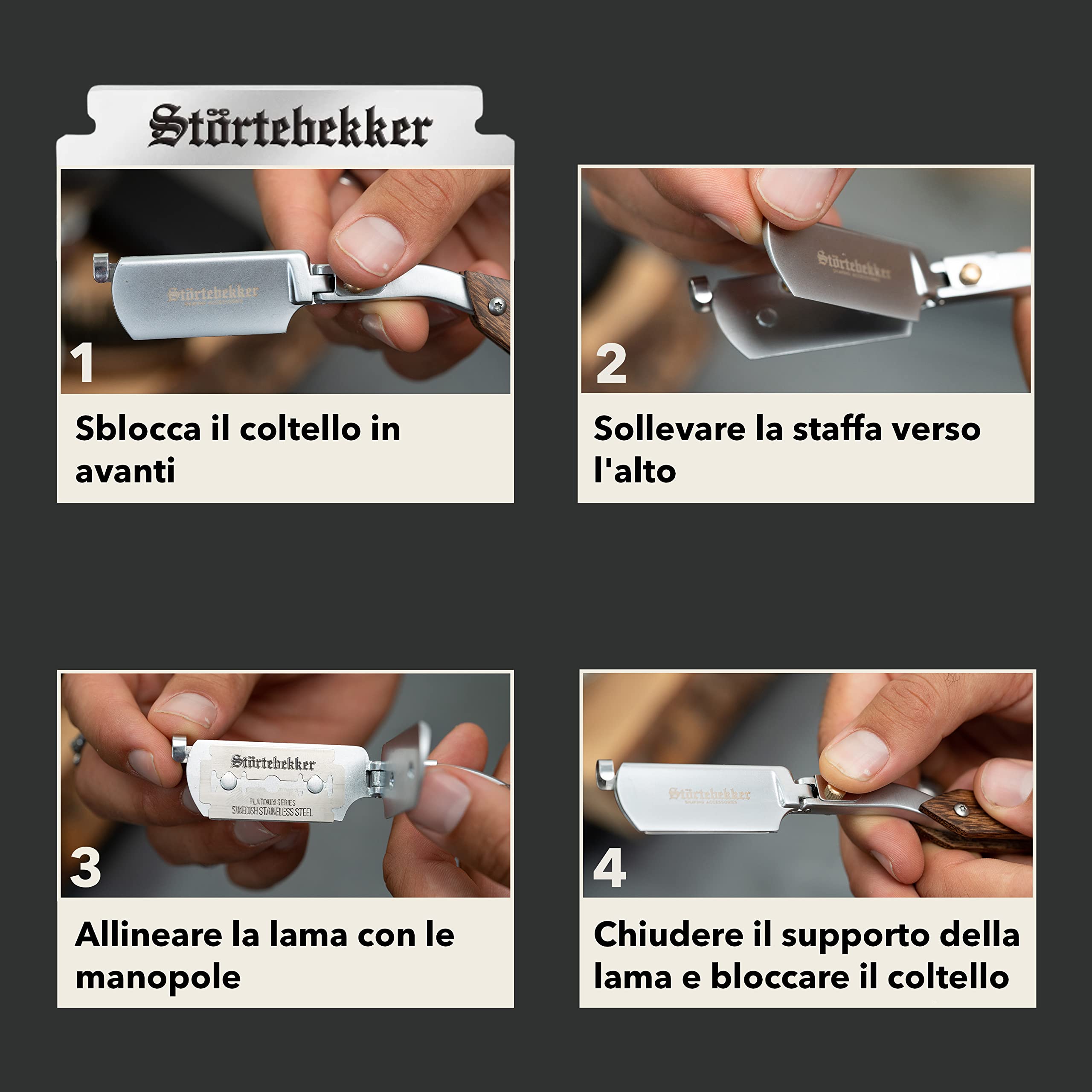 Störtebekker Rasoio con manico in legno, in custodia in pelle fatta a mano, con pennello & 10 lame - Set di coltelli da barba - rasoi a umido di qualità premium - rasoio a mano libera (Legno - Nero)