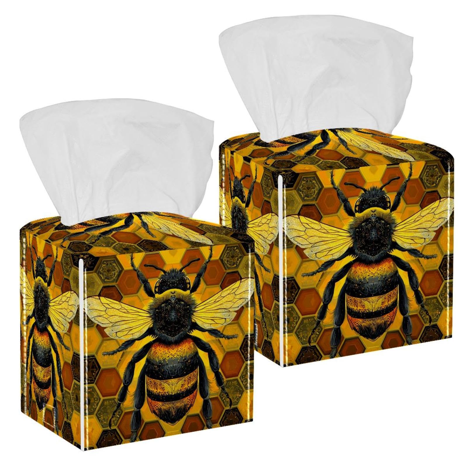 Bee Tissue Box Cover, 2 Pack PU Leather Square Facial Tissue Dispenser Box holder for Home Office Car