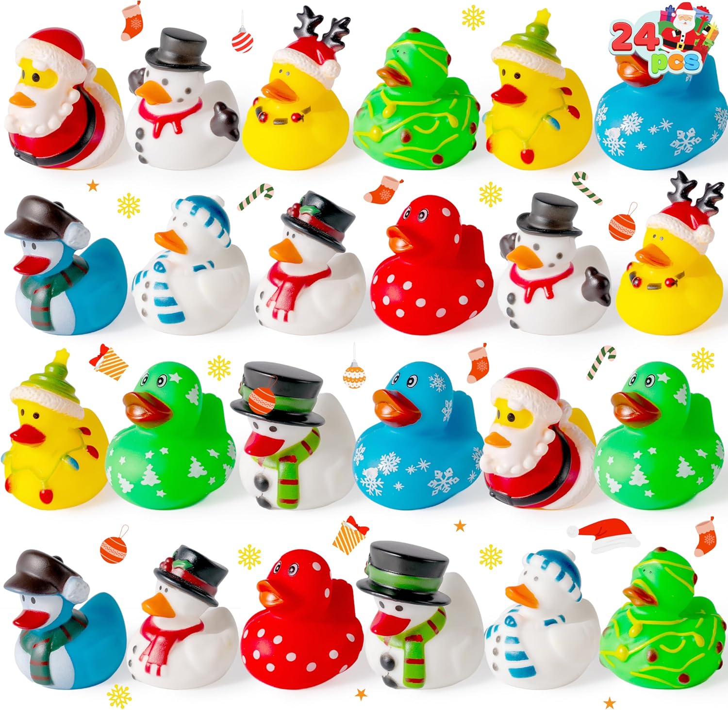 JOYIN 24 PCS Christmas Ducks Baby Bathtub Toys, Assorted Xmas Rubber Duckies for Kids Gifts, Ducky Toddler Bath Toys Rubber Duck Bulk for Stocking Stuffers Party Favor Baby Shower Pool Toys