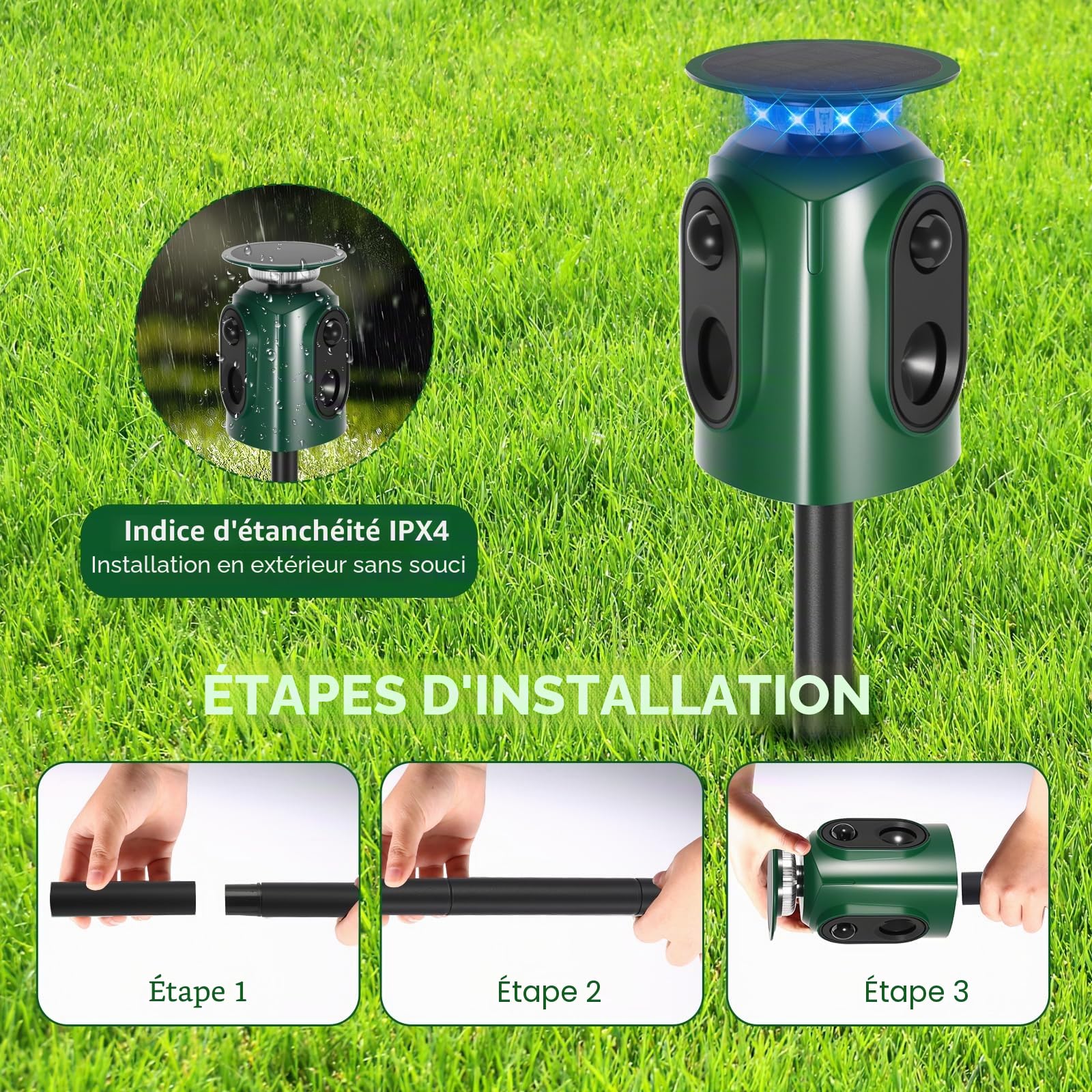 Répulsif pour chats à ultrasons solaire, répulsif pour chats à 360° pour le jardin, répulsif à ultrasons pour animaux avec détecteur de mouvement et voyant lumineux, étanche IP65, portée de 10 m