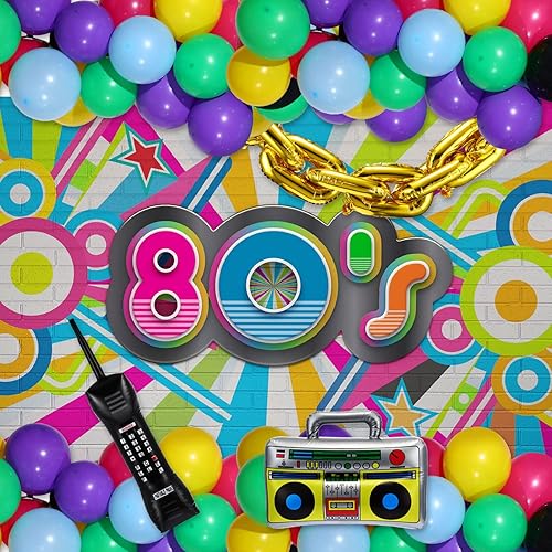 Miniatura 4 de Vinsot Globos de fiesta temática de los años 90 y 80, decoraciones de telón de fondo, incluye caja inflable inflable retro para teléfono celular,