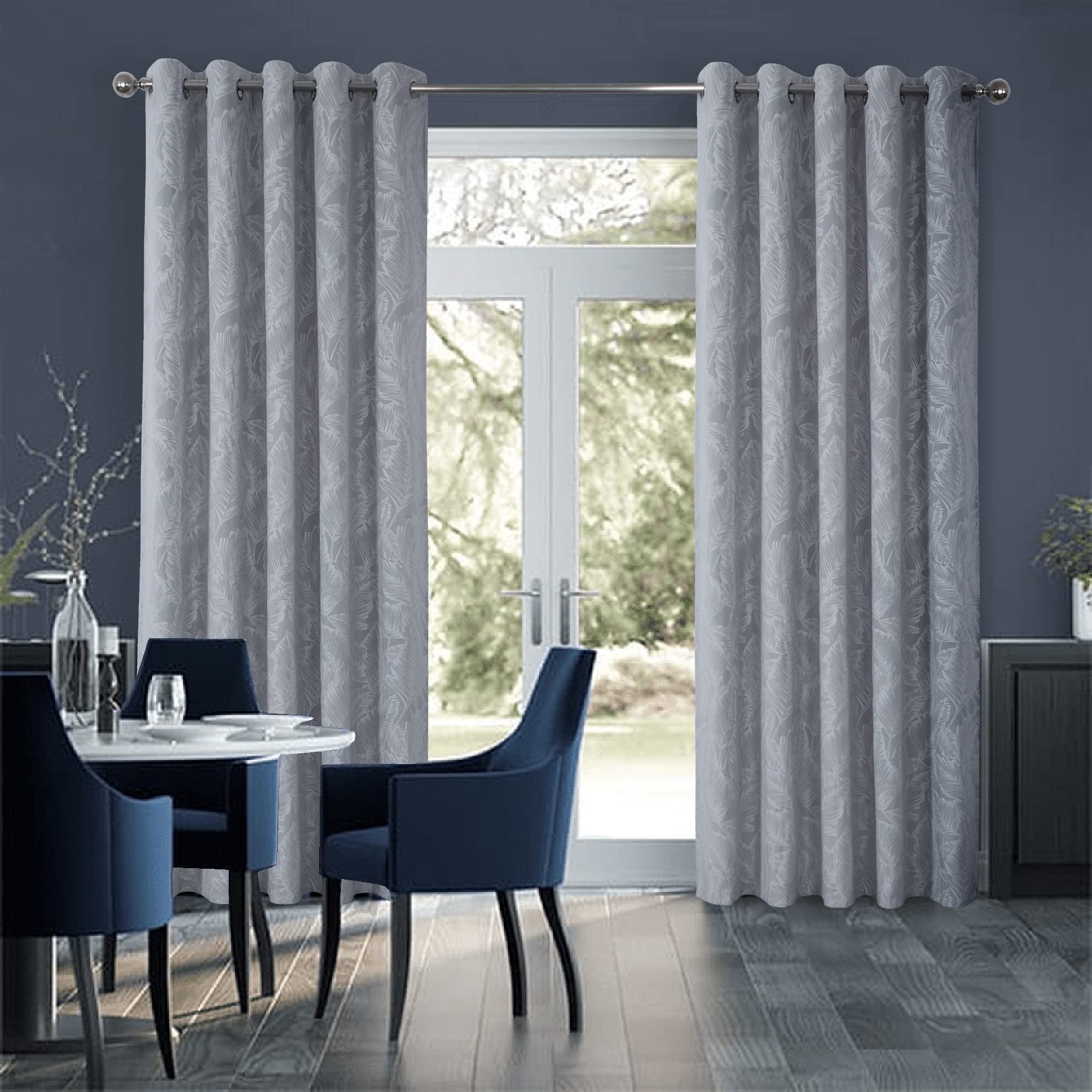 always4u Rideaux en Velours à Oeillets, Filtrage de la Lumière Isolation Thermique, Procédé de Laminage, Impression de Feuilles, pour Salon, Chambre à Coucher et Cuisine,2 Pièces,Argent,140x260cm