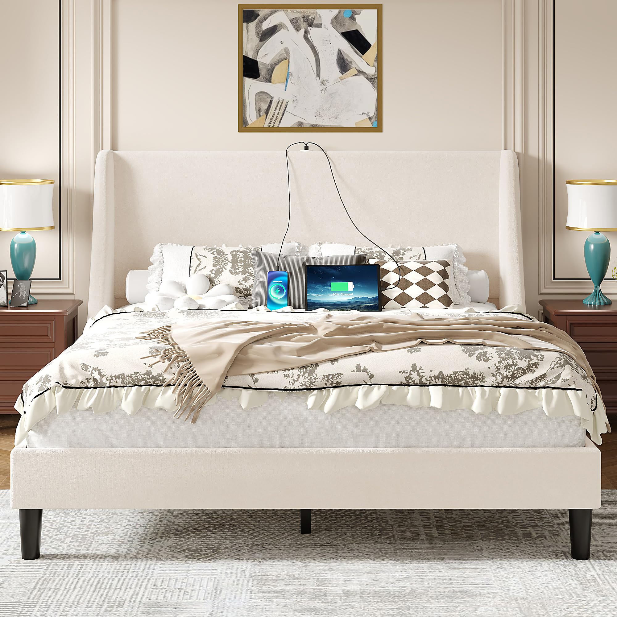Photo 1 of VECELO Queen Bed Frame with Upholstered Wingback Headboard, Heavy-Duty Platform Bedframe with Charging Station, Wooden Slats, No Box Spring Needed, Beige