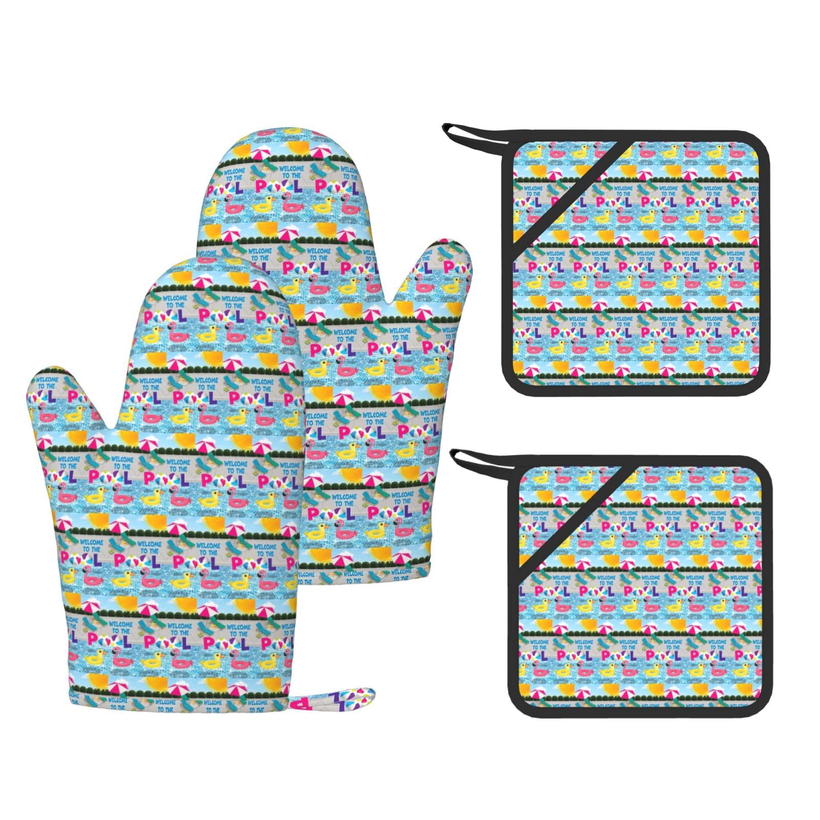 Flamingo and swimming pool Printed Potholder and Oven Mitt Set of 4, High Heat Resistant Cooking Gloves for BBQ Grilling