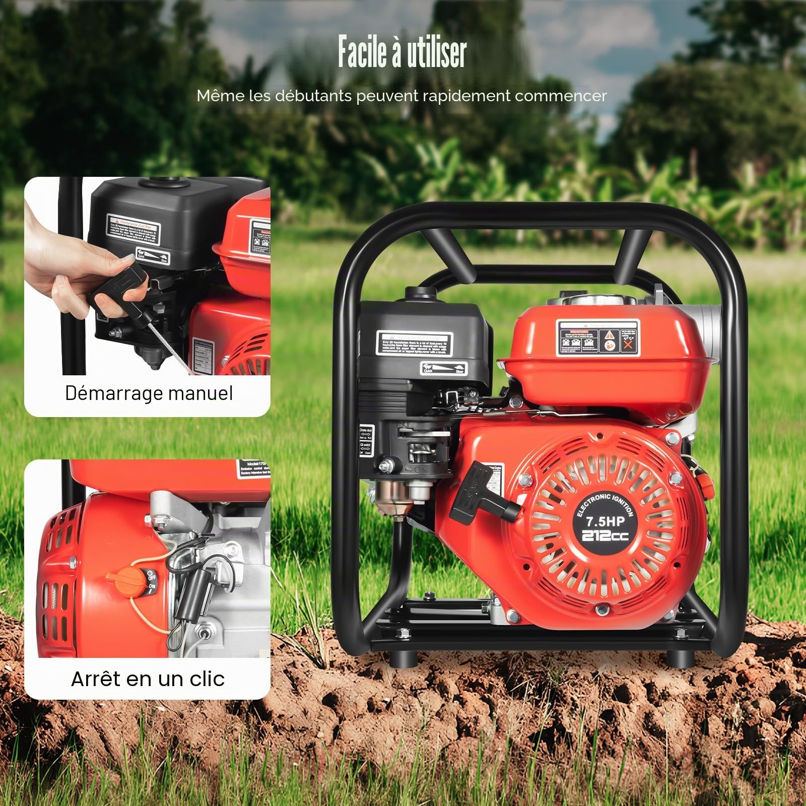 Pompe à eau à essence 35m³/h 7,5CV Pompe à eaux usées à essence | pompe de jardin Haute Efficacité Hauteur de Refoulement 30m, Connexion 80mm, Pour Drainage Irrigation Lavage Arroseur