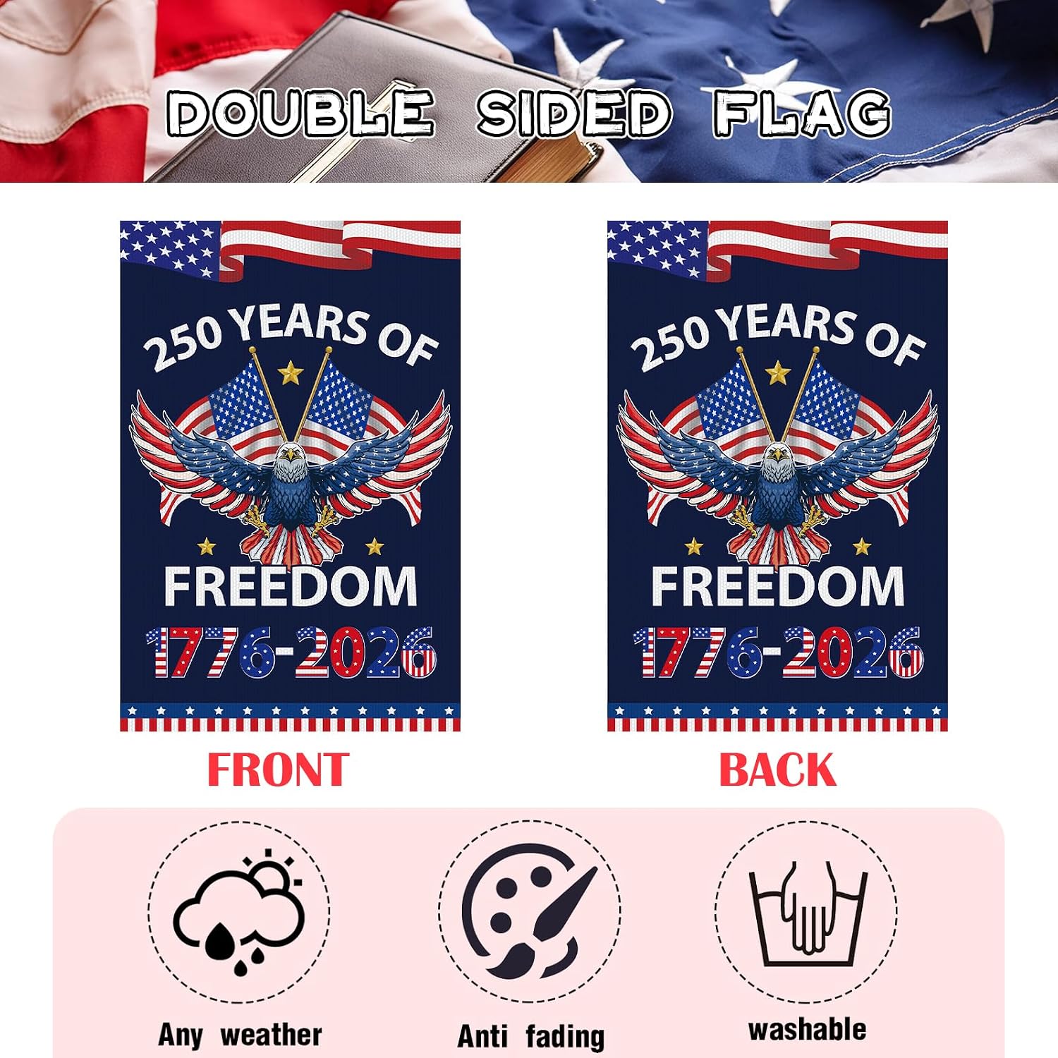 250th America Garden Flag, 250th Anniversary USA Patriotic Banner for Courtyard, 250 Years of Freedom Double-Sided Eagle Sign for Home Outdoor Decoration