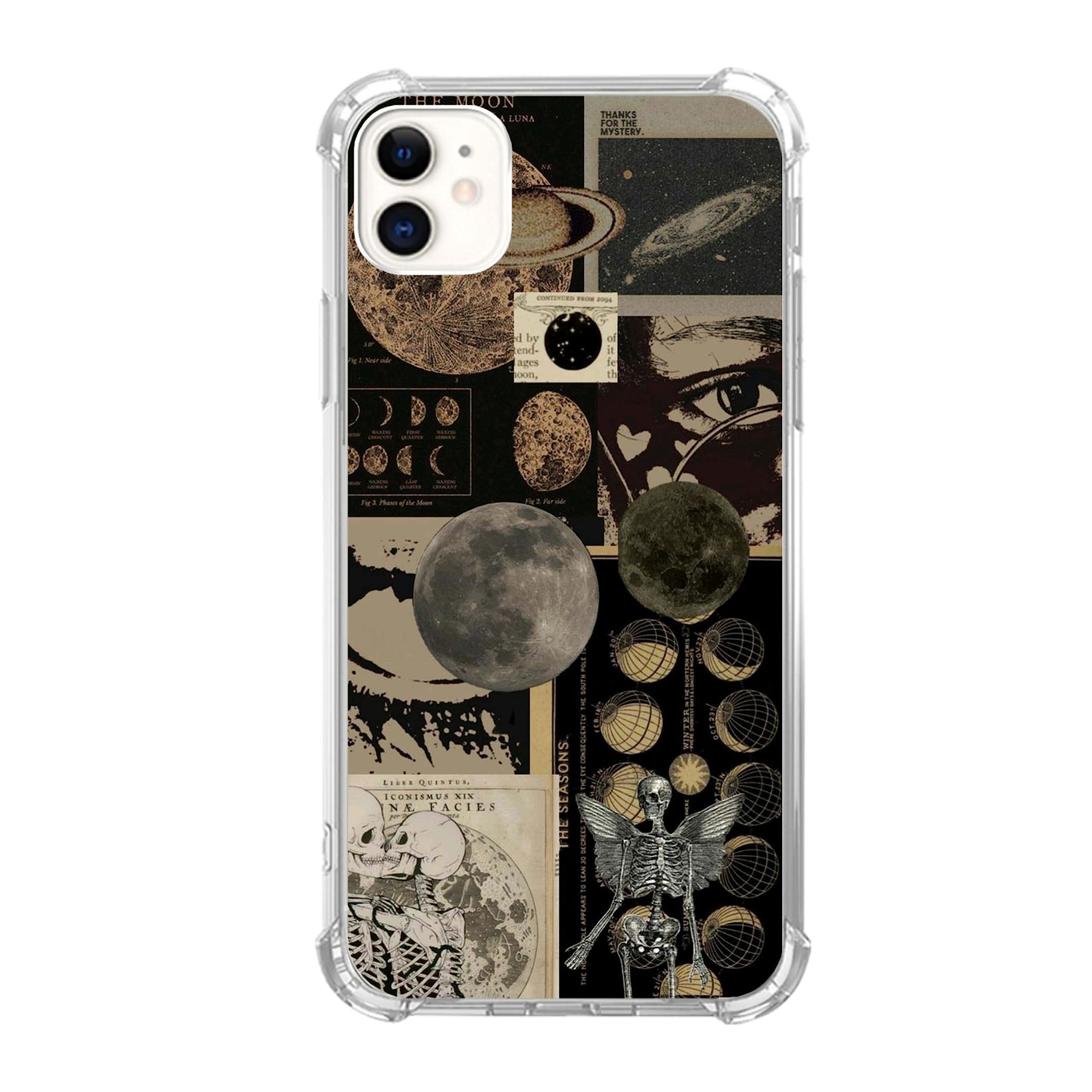 Vintage Grunge Collage Phone Case - Skull Planets Design, Compatible with iPhone 12/12 Pro, Trendy TPU Bumper Case for Teens & Adults