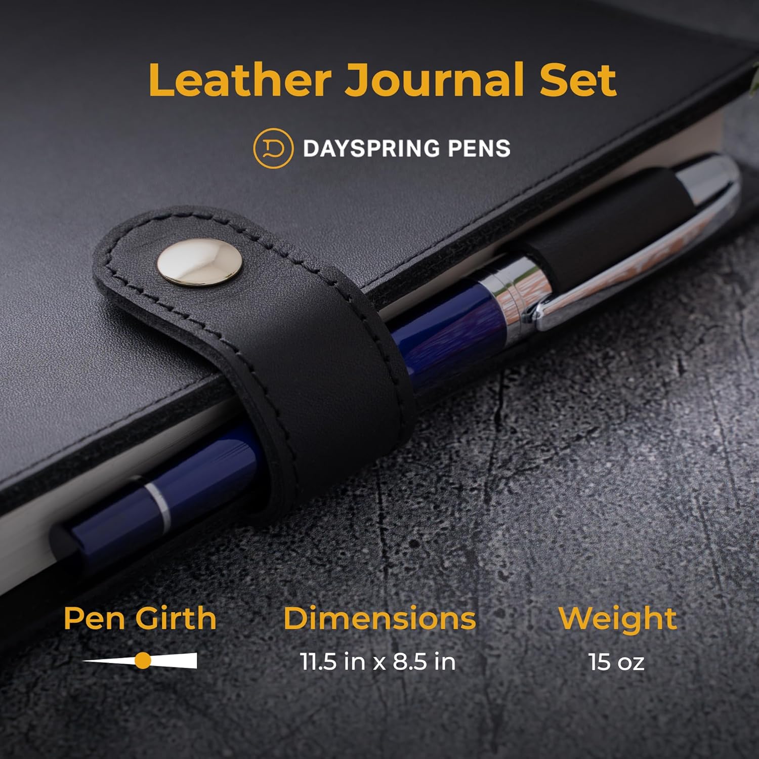 Noteworthy Journal Set. Refillable Premium Journal in Charcoal Black Full Grain Leather and Rollerball Pen in Blue Lacquer. Gift Set for Journaling, Gratitude, Prayer, or Reflection. (Text or Monogram)
