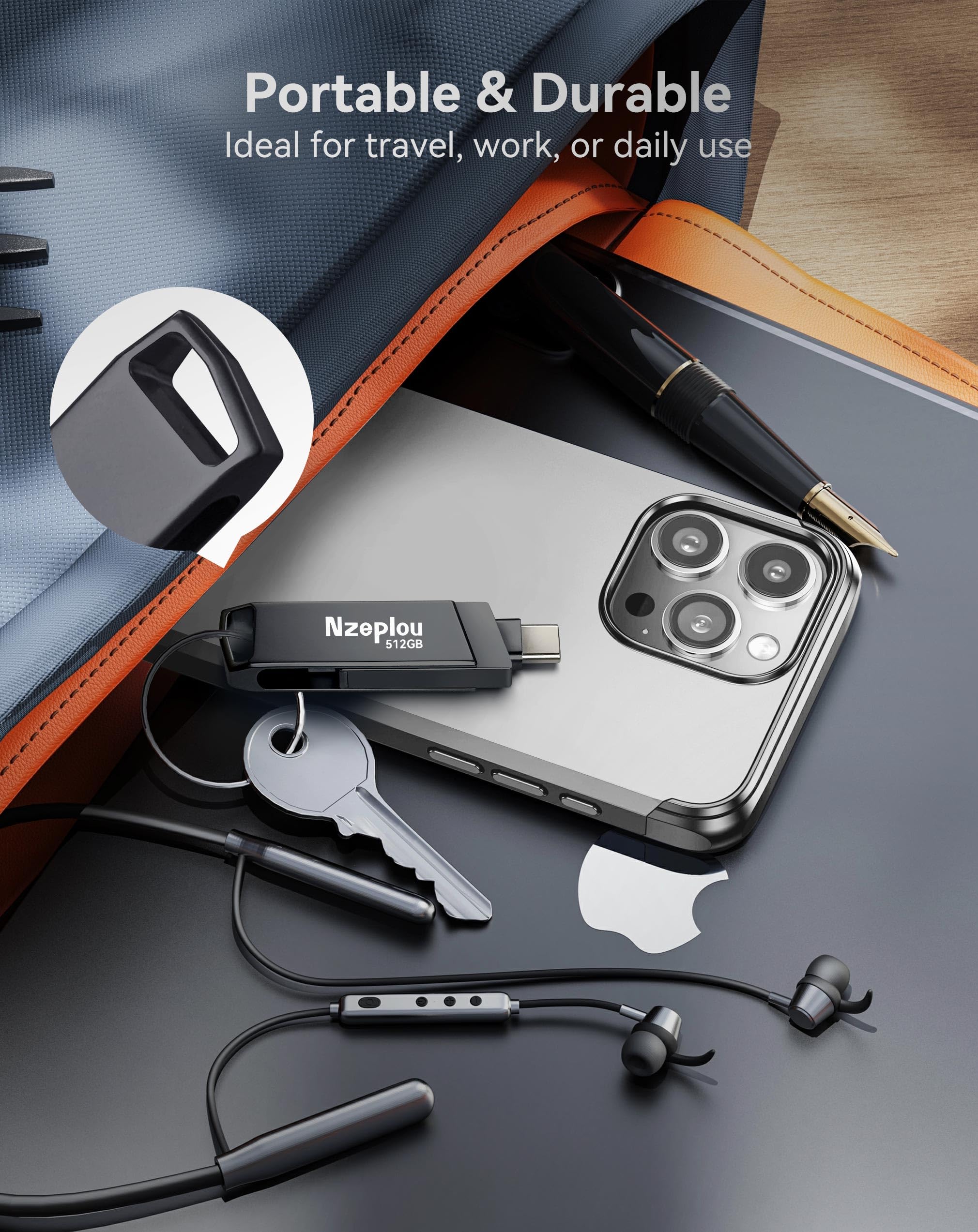 Chiavetta USB 3.0 ad alta velocità per iPhone, iPad, non necessita di app, Lightening & USB-C, memoria esterna per foto, video, backup immagini, plug & play, 512 GB, grigio siderale