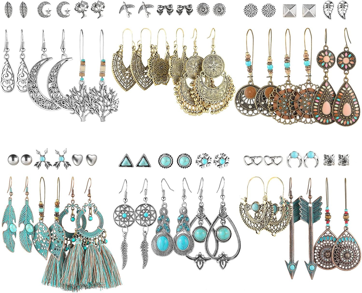 Boho Earrings for Women Girls, Funtopia 36 Pairs Retro Drop Dangle Earrings Set