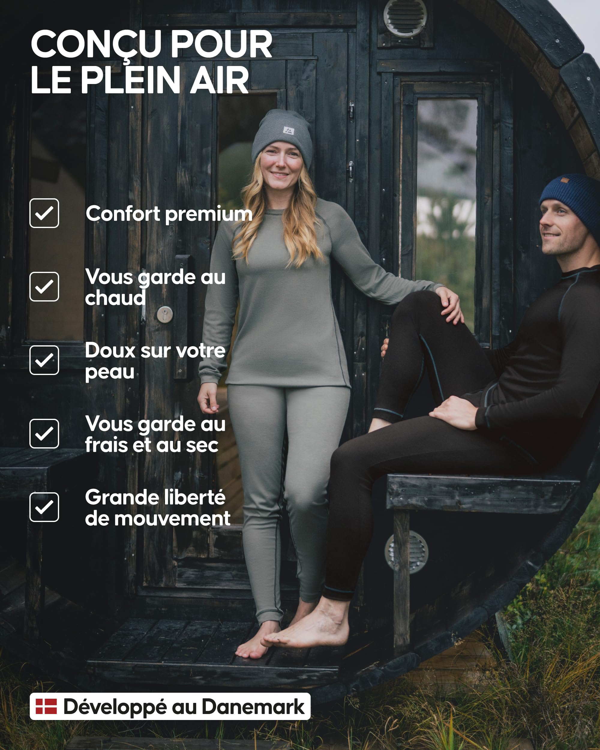 DANISH ENDURANCE sous-vêtements Thermiques pour Hommes et Femmes, Ensemble de sous-Couches, Recyclé, Bas et Haut à Manches Longues, Unisexe