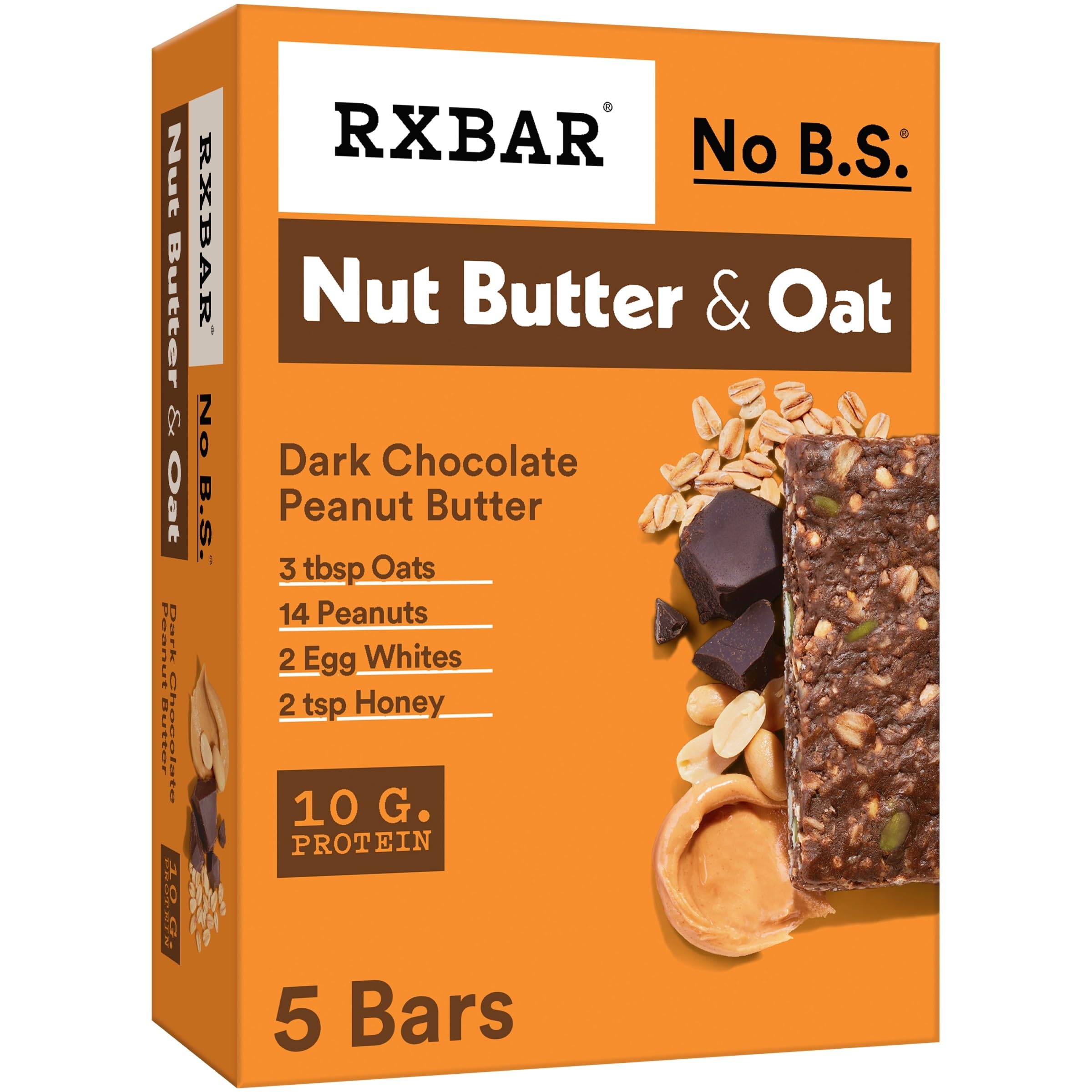 RXBAR Nut Butter and Oat Protein Bars, Protein Snacks, Snack Bars, Dark Chocolate Peanut Butter, 9.7oz Box (5 Count)