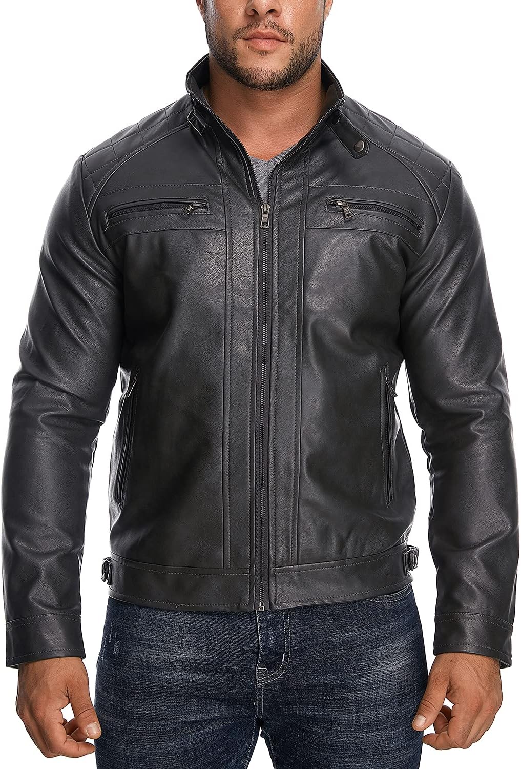 HOOD CREW Men’s Stand Collar Leather Jacket Casual Faux Leather Motorcycle Jacket Outerwear Coat with Zipper Pockets - Image 2