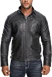 HOOD CREW Mens Retro Bomber Leather Jackets Stand Collar Faux Leather Motorcycle Jacket with Zipper Pockets