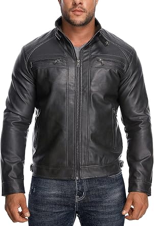 HOOD CREW Mens Stand Collar Leather Jacket Casual Faux Leather Motorcycle Jacket Outerwear Coat with Zipper Pockets