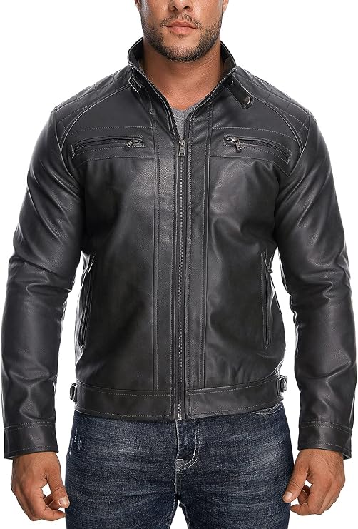 HOOD CREW Mens Stand Collar Leather Jacket Casual Faux Leather Motorcycle Jacket Outerwear Coat with Zipper Pockets
