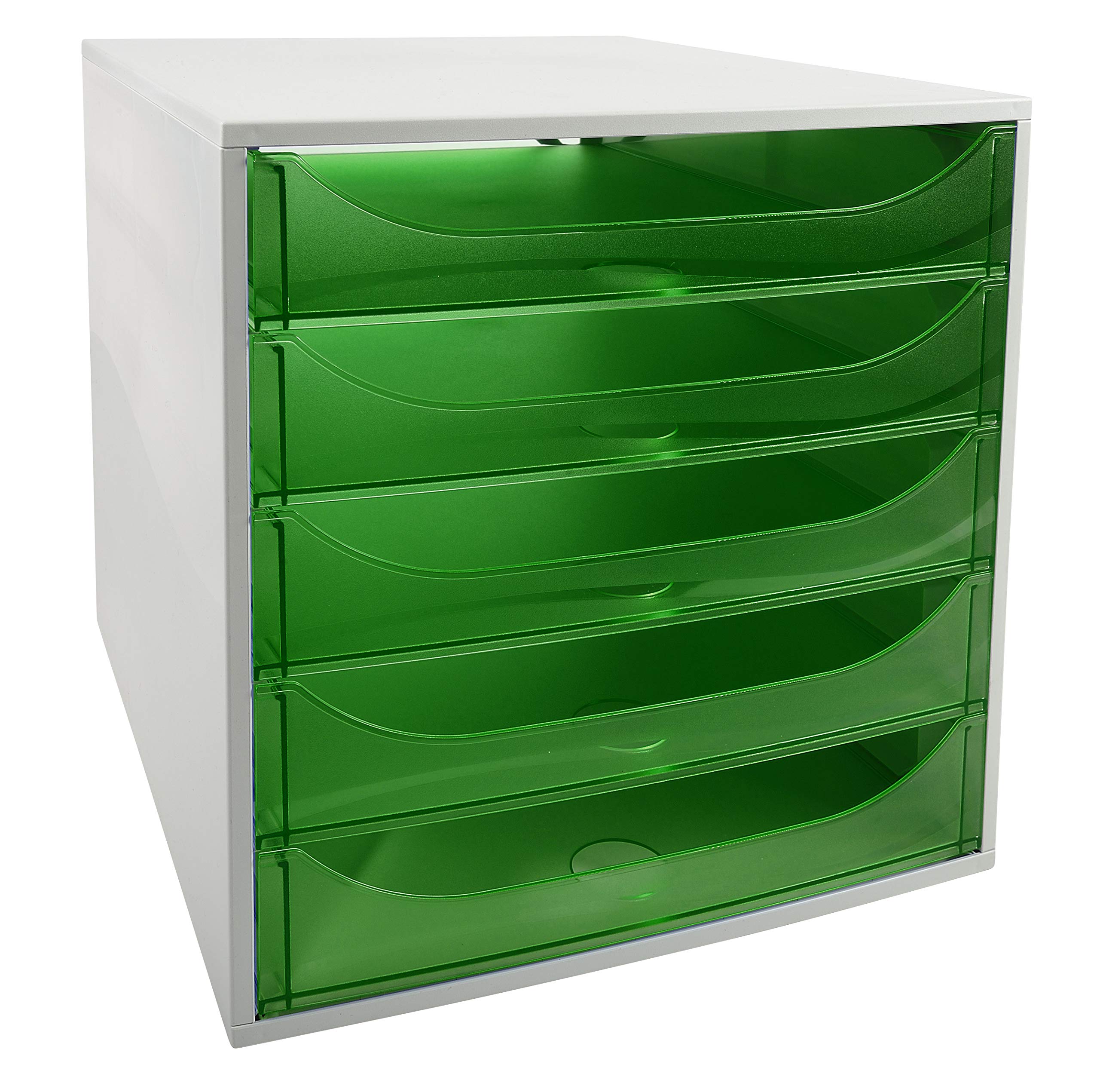 Exacompta 229697D Ablagebox Linicolor mit 5 Schubladen für DIN A4+ Dokumente. Ecobox mit hoher Kapazität für mehr Platz auf dem Schreibtisch Big Box Grau|Grün transluzent