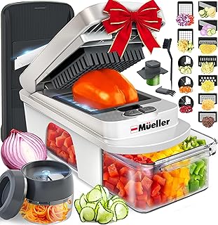 Mueller Pro-Series todo en 1 - Cortador, mandolina, 12 cuchillas, picadora de alimentos, rebanador de vegetales y espiralizador, rallador, utensilios para el hogar con contenedor, arena blanca/gris