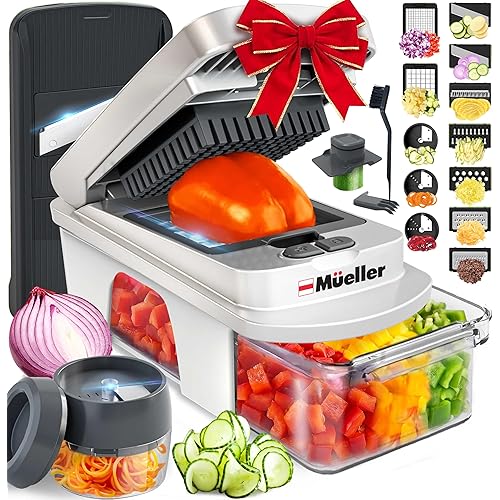 Mueller Pro-Series All-in-One, 12 Blade Mandoline Slicer for Kitchen, Food Chopper, Vegetable Slicer and Spiralizer, Cutter, Dicer, Grater, Kitchen Gadgets Sets with Container, White Sand/Gray