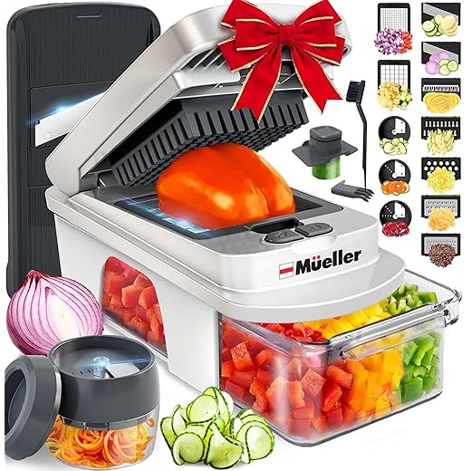 Mueller Pro-Series All-in-One, 12 Blade Mandoline Slicer for Kitchen, Food Chopper, Vegetable Slicer and Spiralizer, Cutter, Dicer, Grater, Kitchen Gadgets Sets with Container, White Sand/Gray