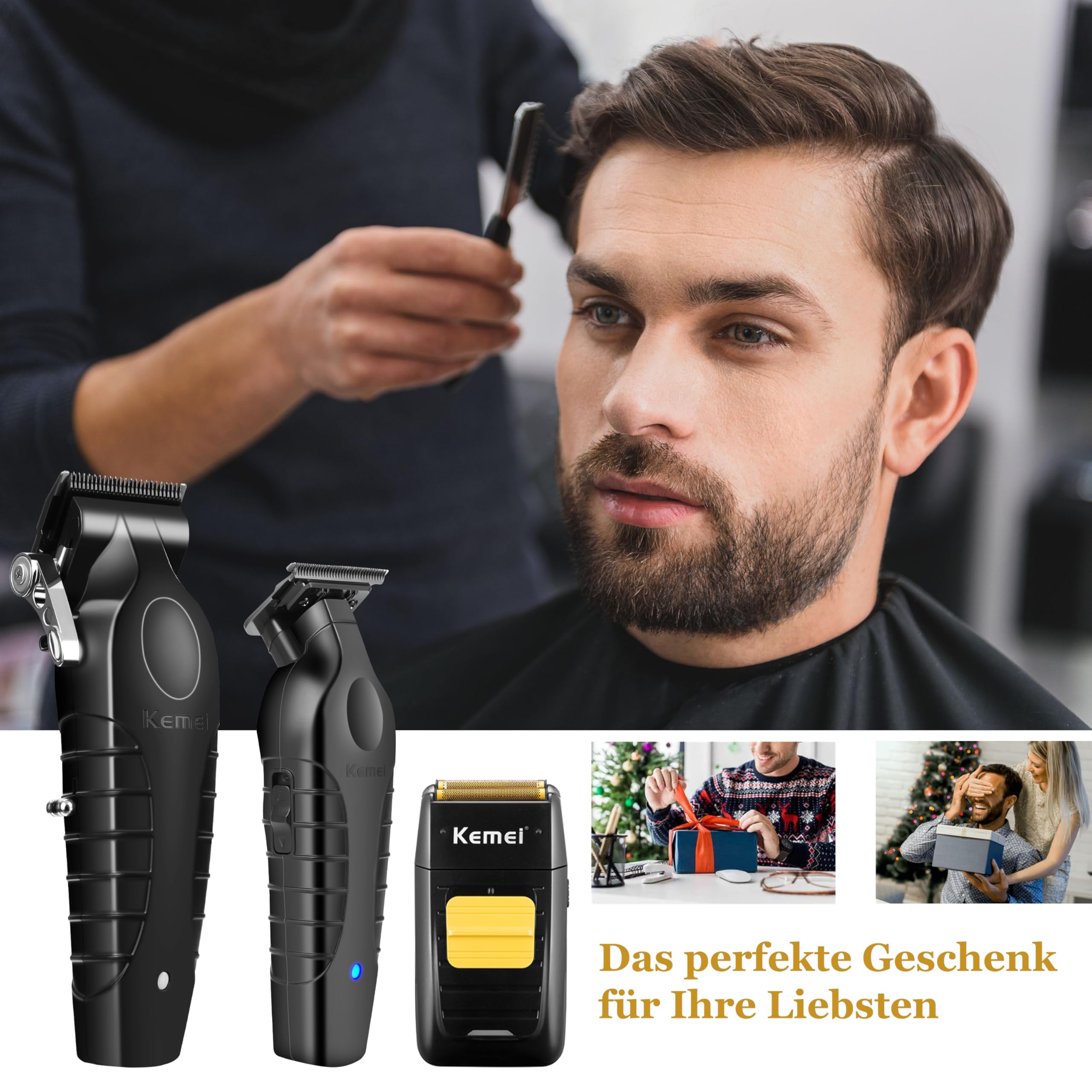 KEMEI Professionelle Haarschneidemaschine, Haar-/Bartschneider, Folienrasierer-Set für Männer, kabellose Haarschneidemaschine, elektrischer Rasierer mit Ersatzköpfen & Netzen, USB-Haarschneideset