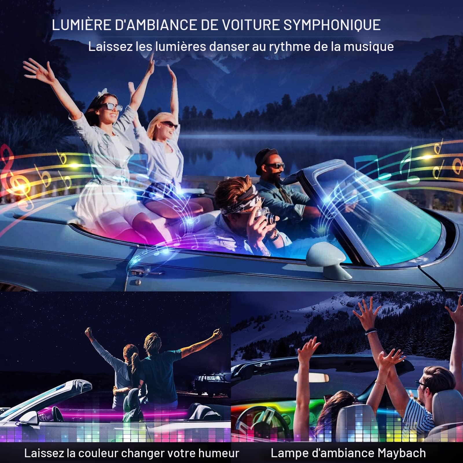 Bande LED acrylique voiture application sans fil RVB 10 en 1 kit éclairage d'ambiance 175 pouces 593 LED fibre optique 16M couleurs
