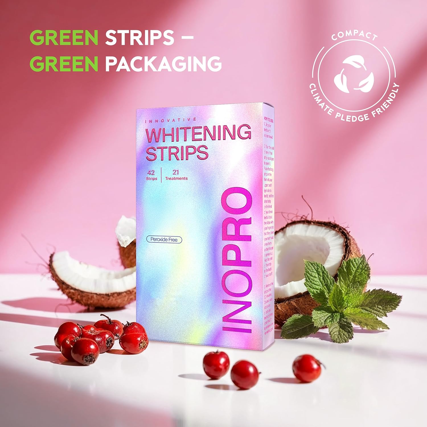 InoPro Teeth Whitening Strips 21 Treatments Kit - Teeth Whitener, Peroxide Free, Green White Strips for Teeth Whitening with Arbutin, Coconut Oil, Deep Stains Removal (42 Strips)